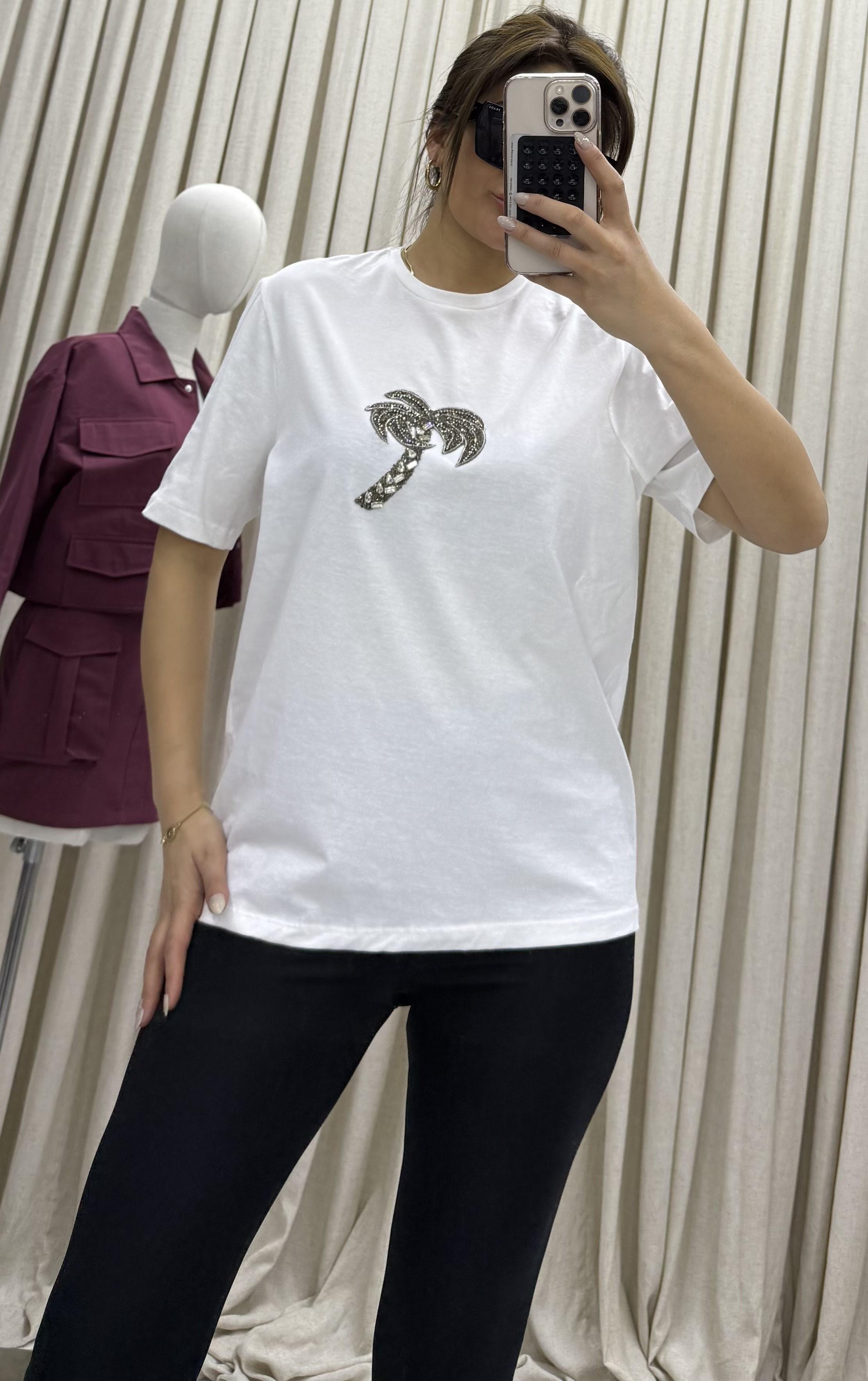 Bisiklet yaka, palmiye taş işlemeli t-shirt-Beyaz