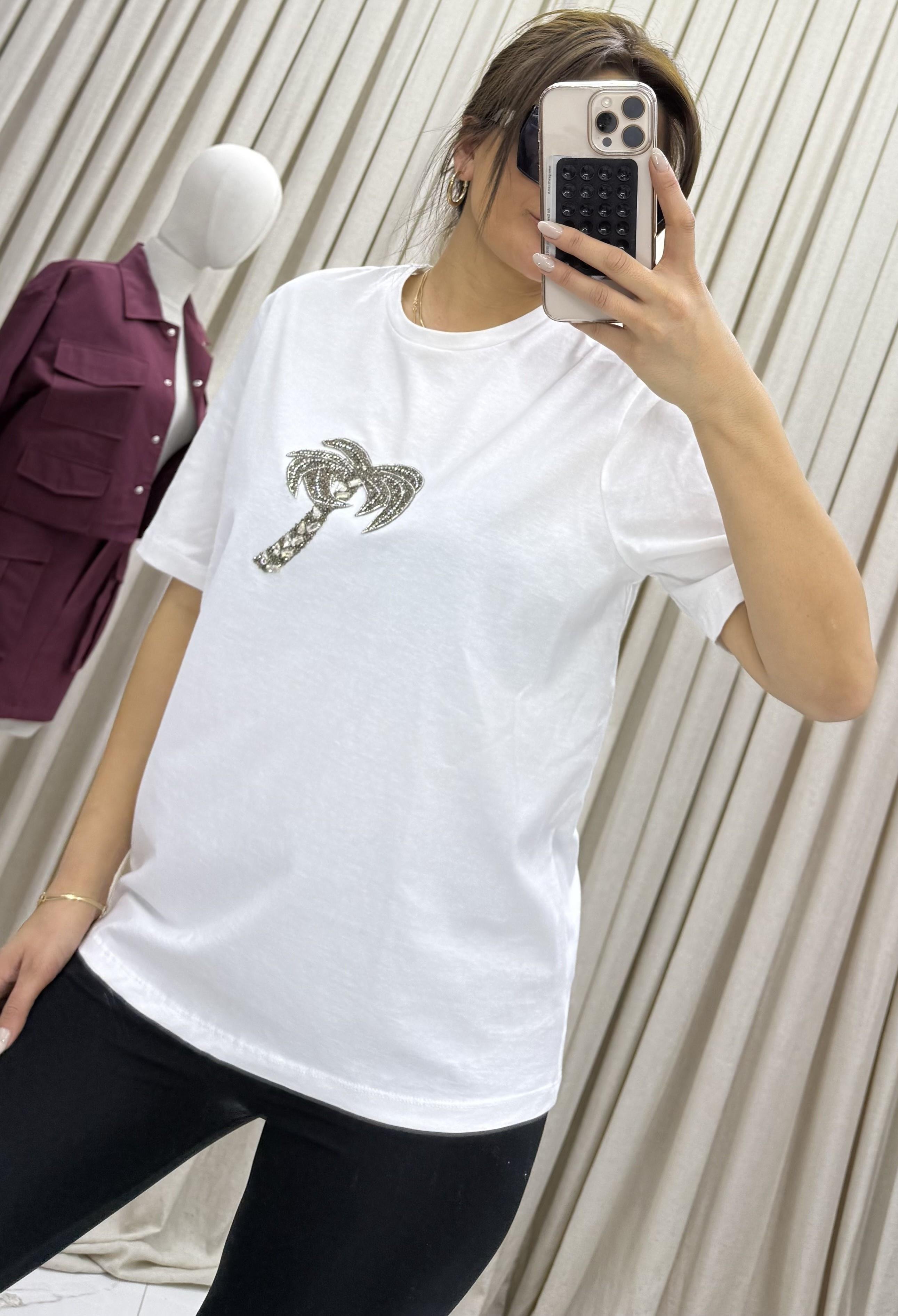 Bisiklet yaka, palmiye taş işlemeli t-shirt-Beyaz
