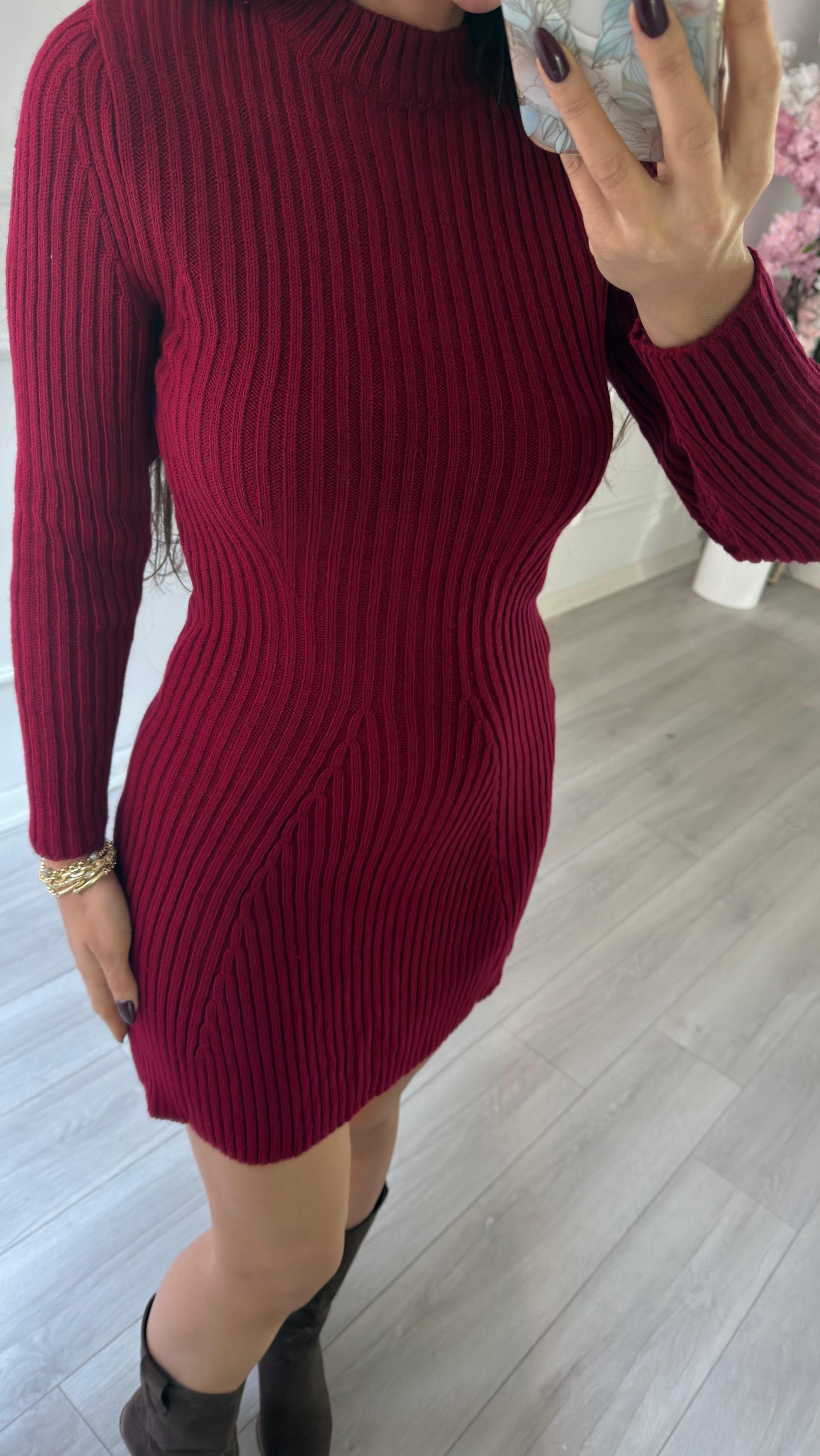 Bisiklet Yaka Triko Elbise -Bordo