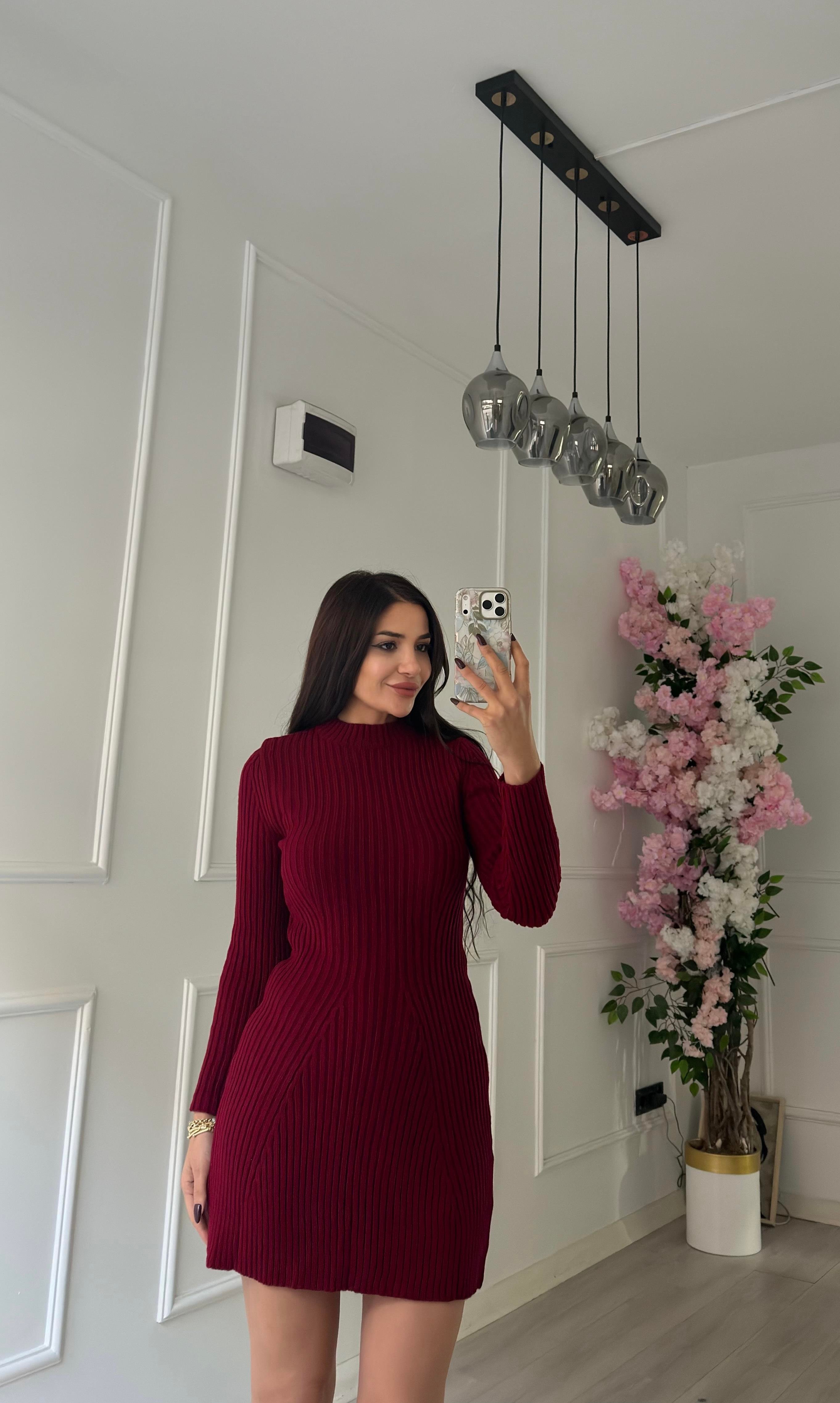 Bisiklet Yaka Triko Elbise -Bordo