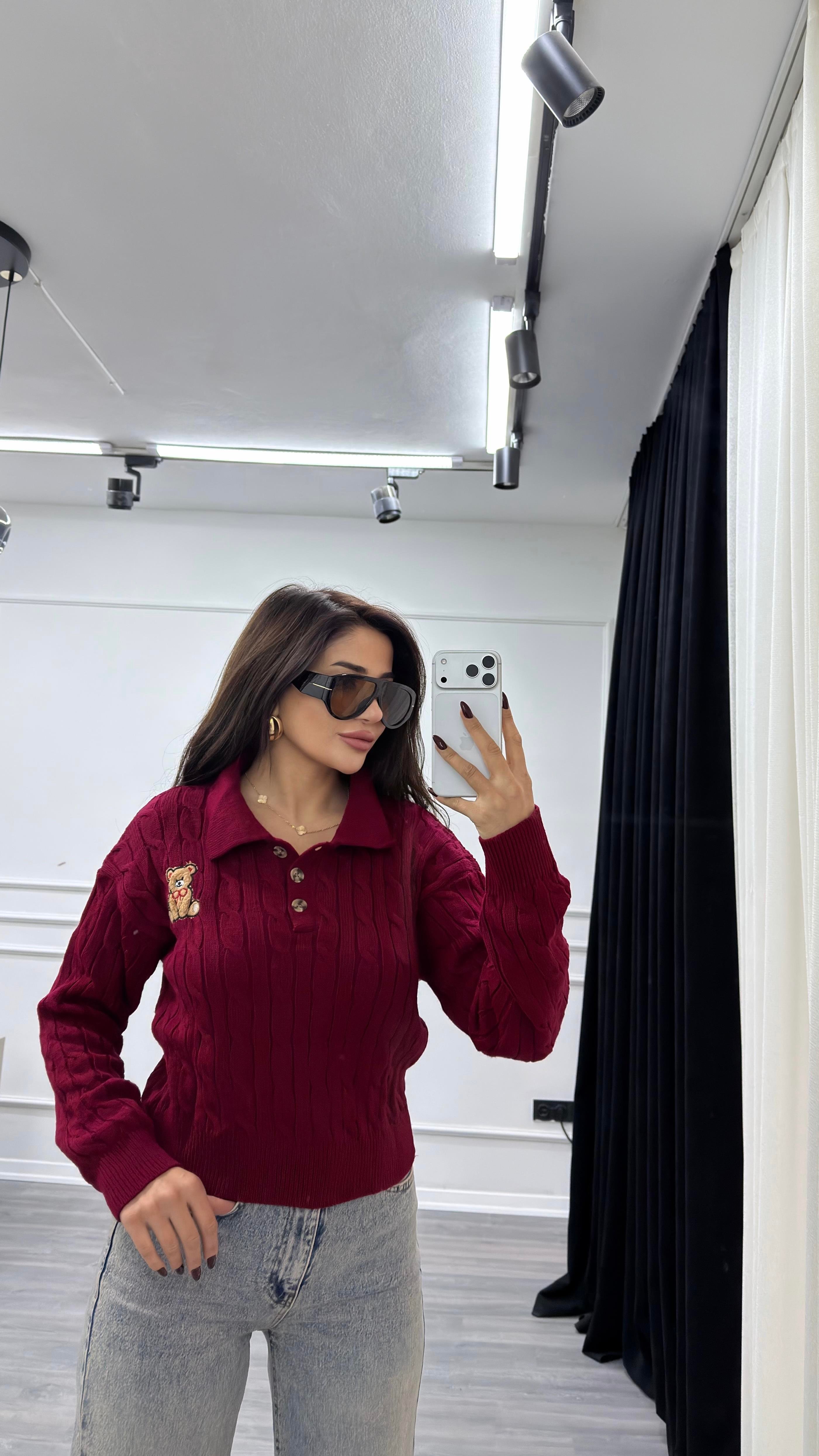 Bordo Ayıcıklı Nakış Desenli Triko Kazak Bej 