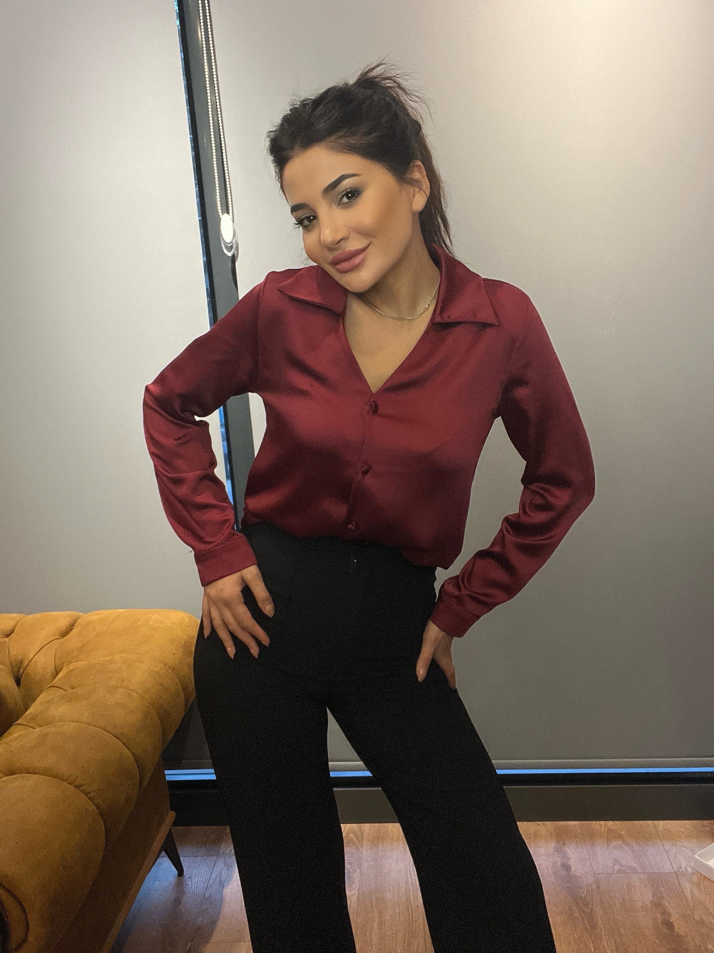 Bordo Basic Uzun Kollu  Kadın Saten Gömlek
