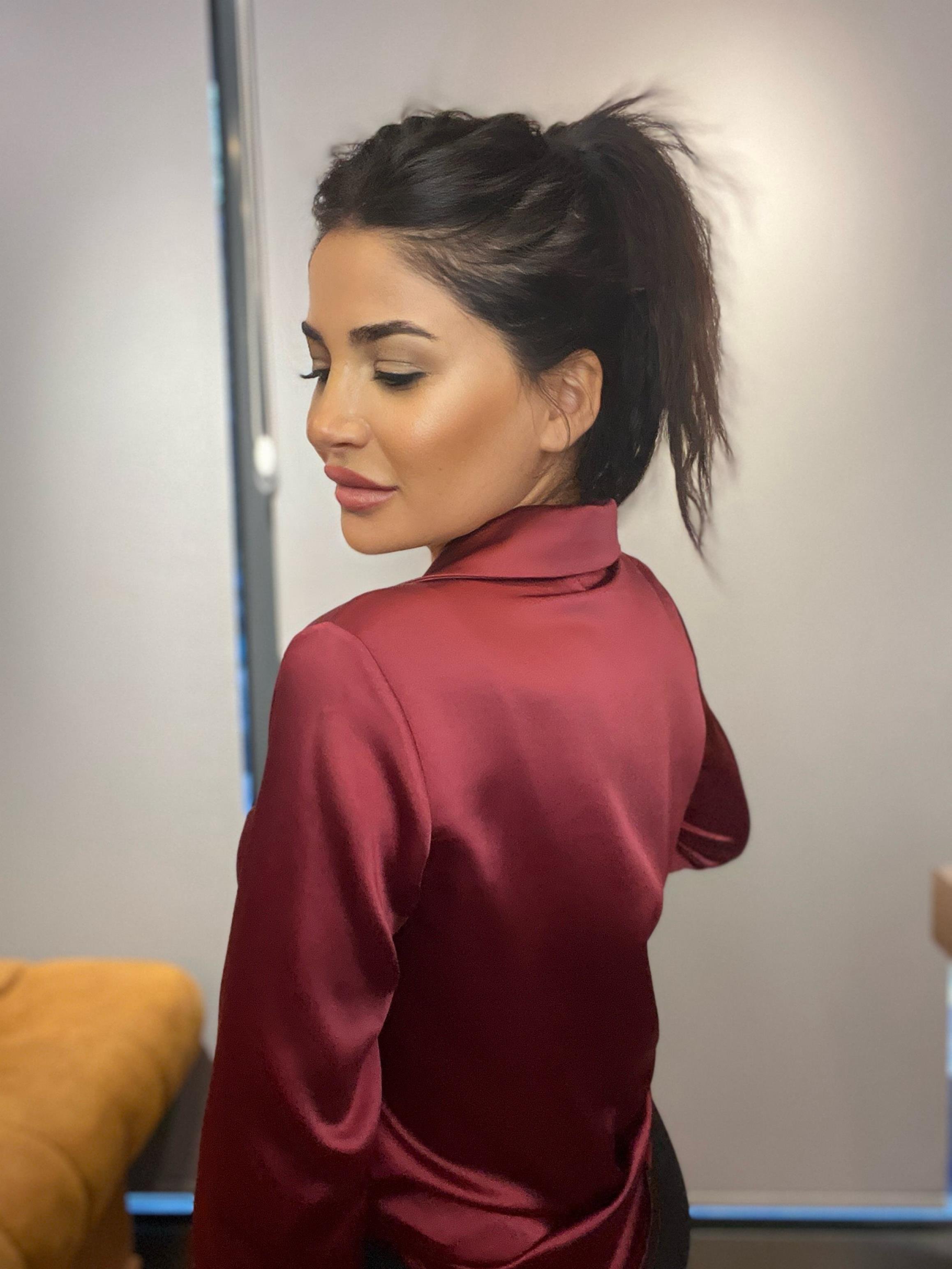 Bordo Basic Uzun Kollu  Kadın Saten Gömlek