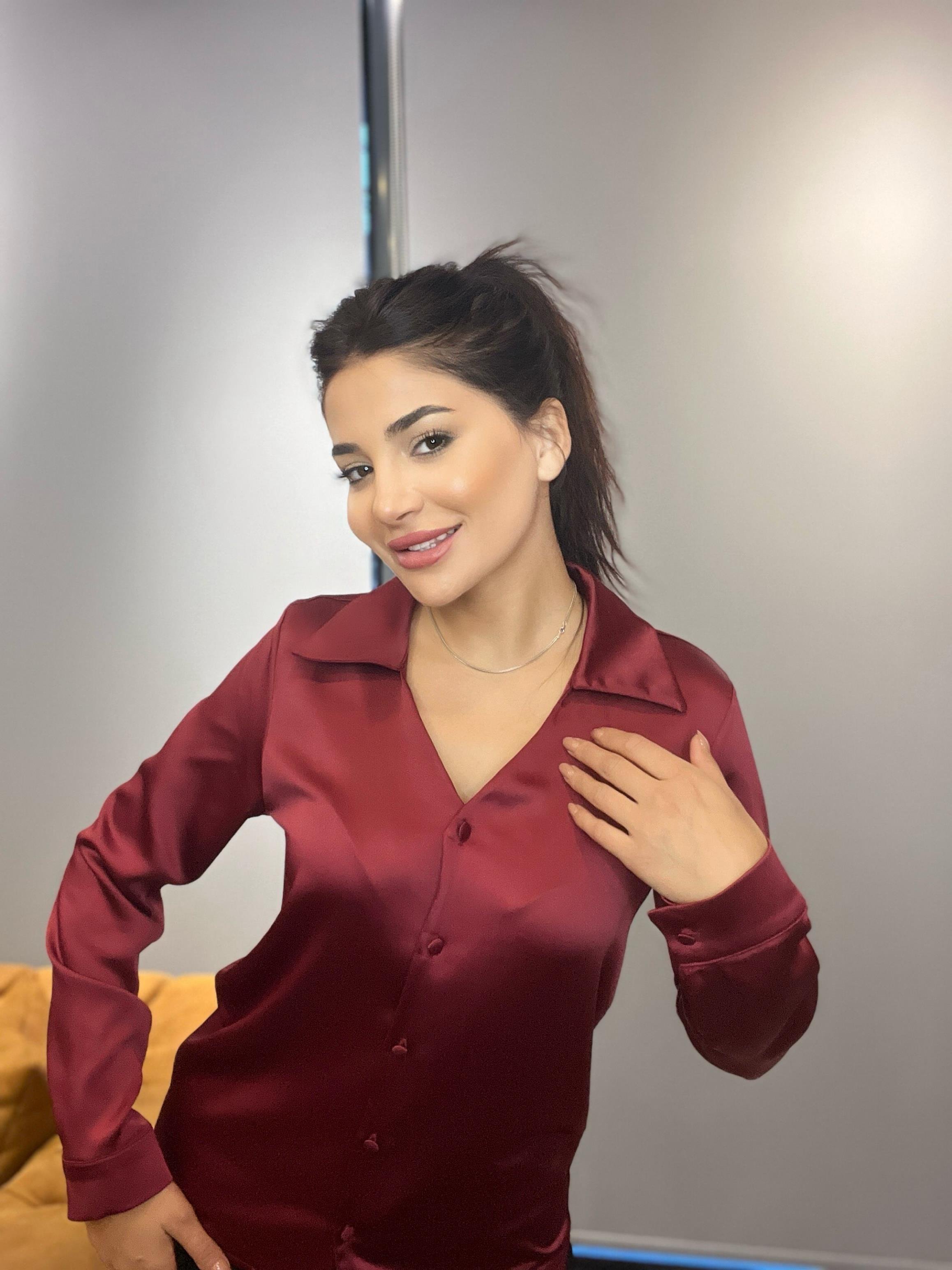 Bordo Basic Uzun Kollu  Kadın Saten Gömlek