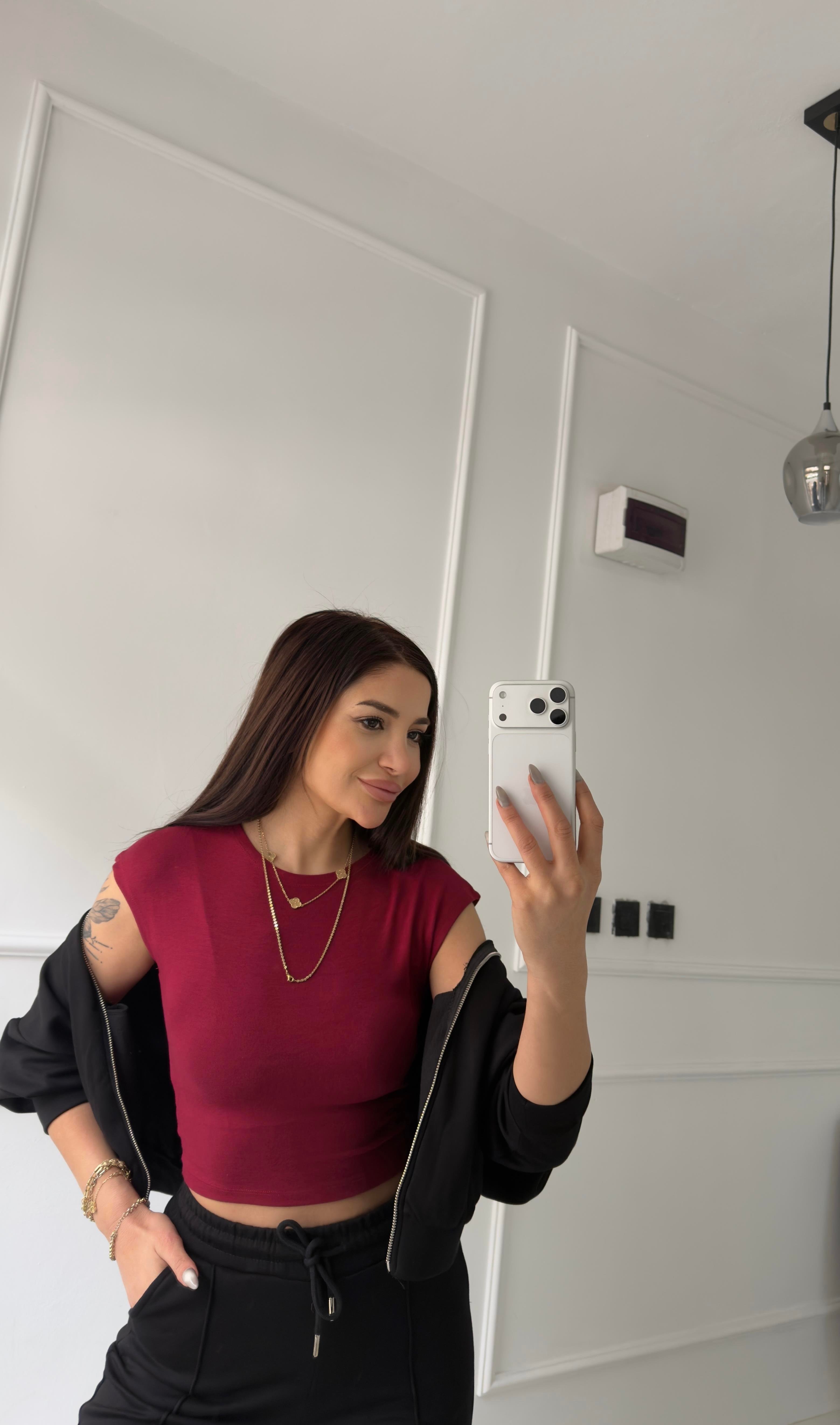 Bordo Bisiklet Yaka Kısa Kollu Bluz