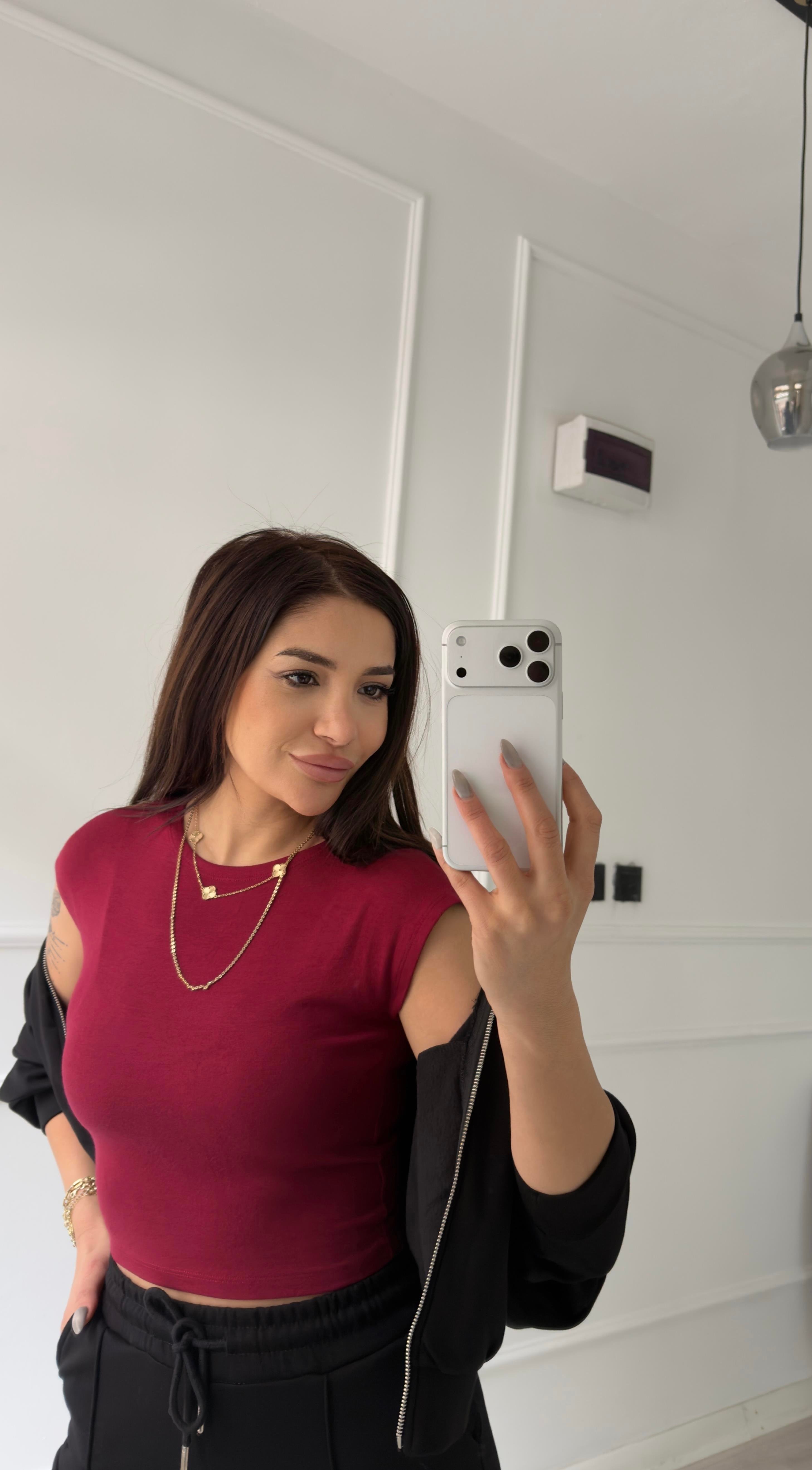 Bordo Bisiklet Yaka Kısa Kollu Bluz