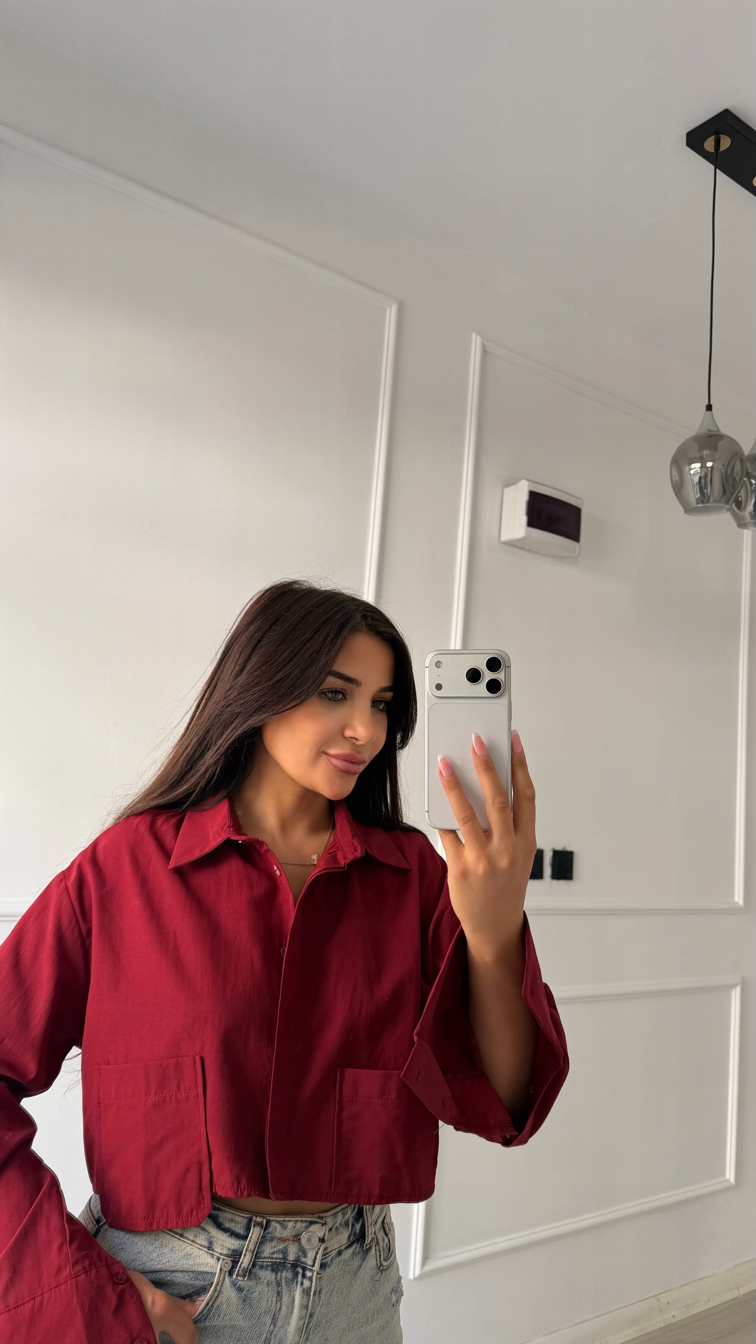 Bordo Çift Cepli Kısa Boy Oversize Gömlek