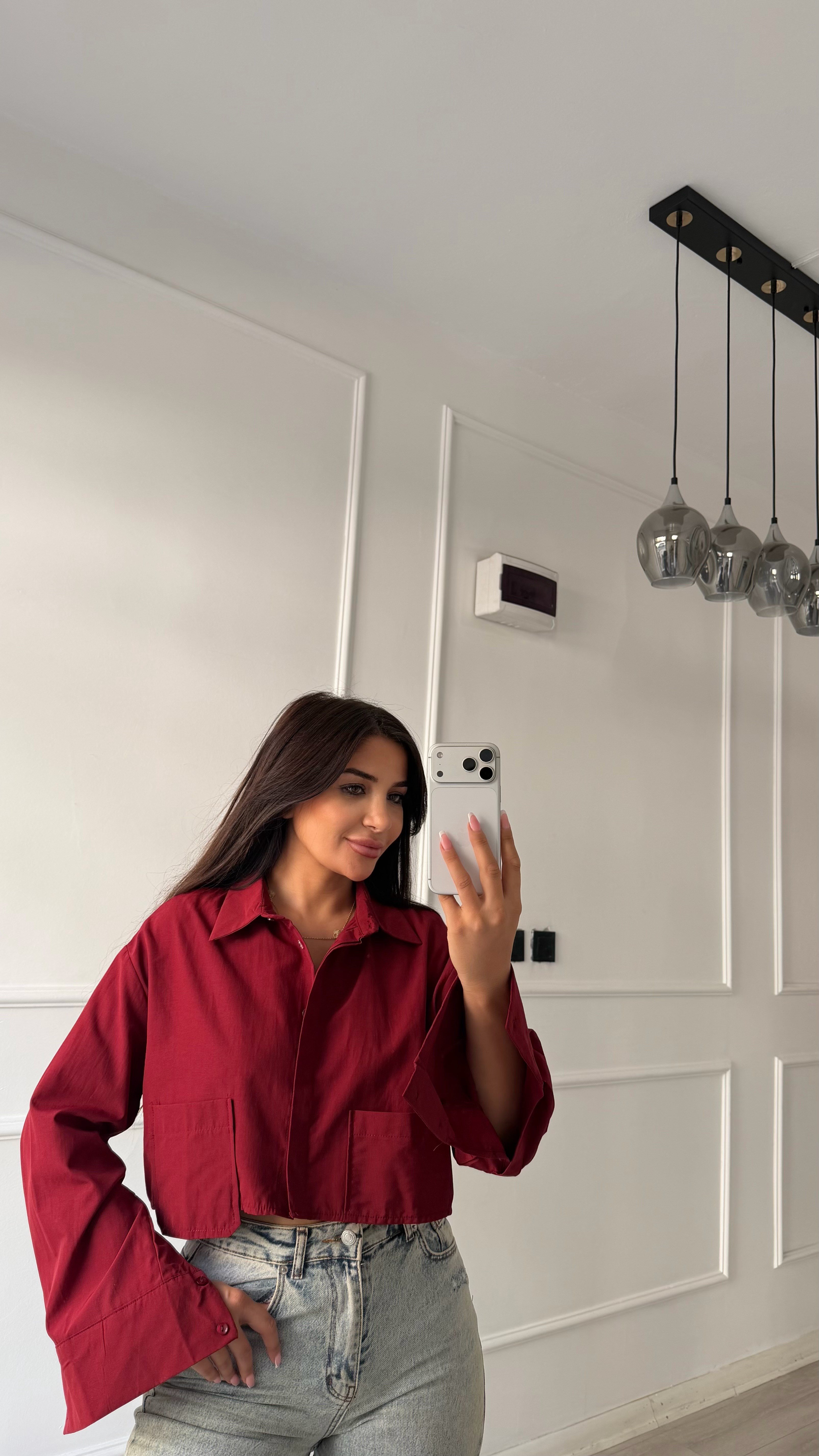 Bordo Çift Cepli Kısa Boy Oversize Gömlek