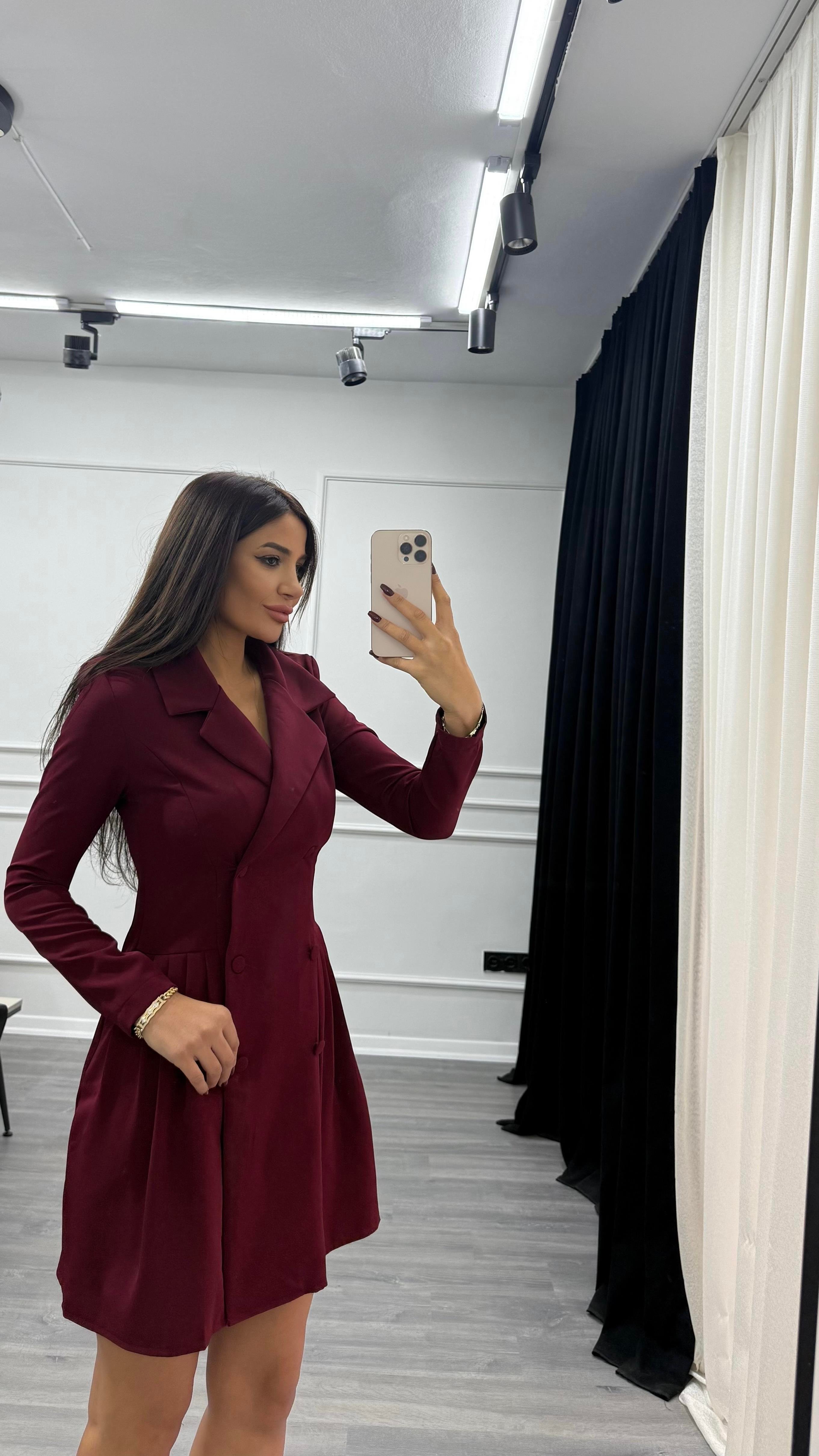 Bordo Düğme Detaylı Blazer Elbise
