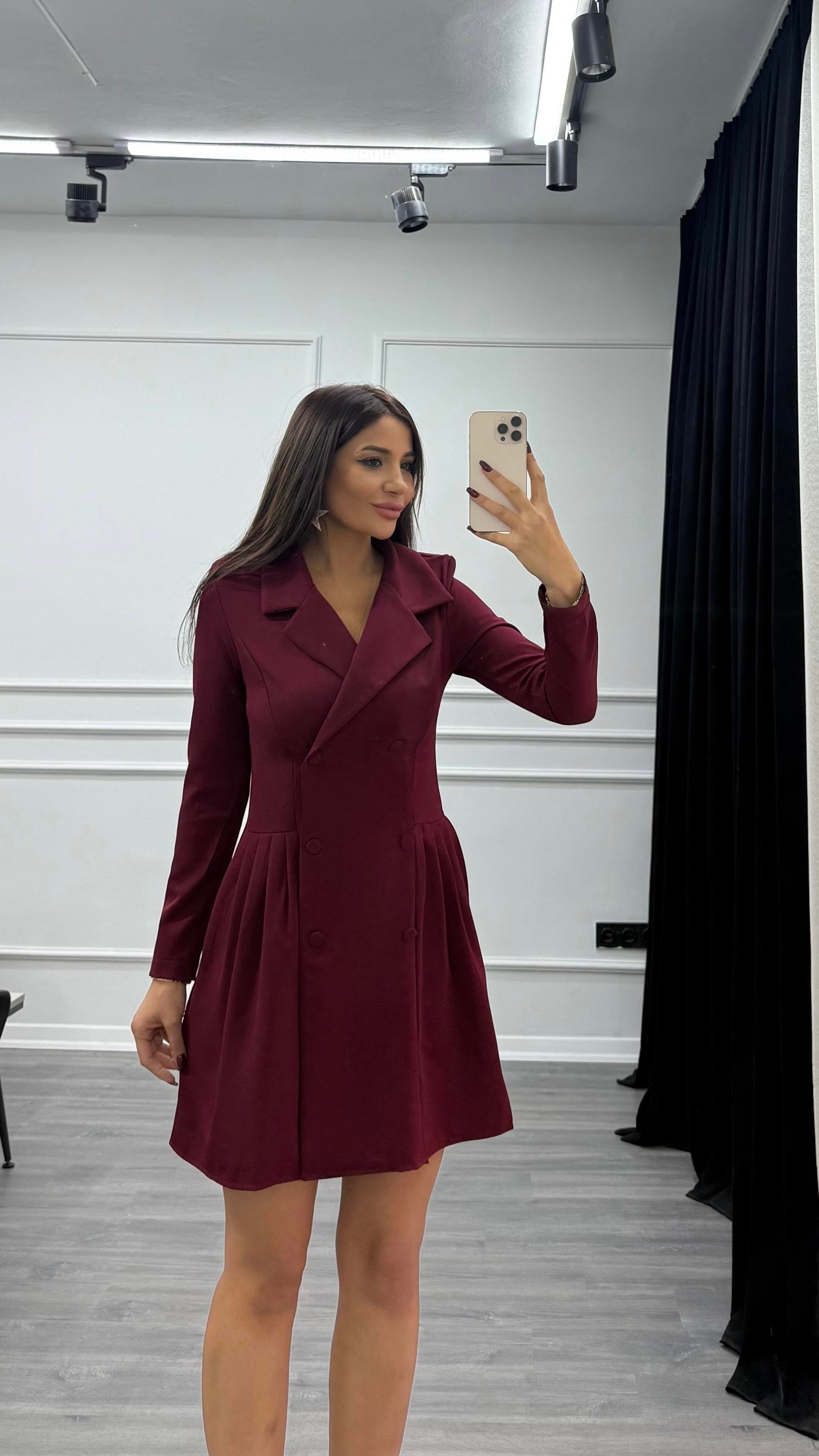 Bordo Düğme Detaylı Blazer Elbise