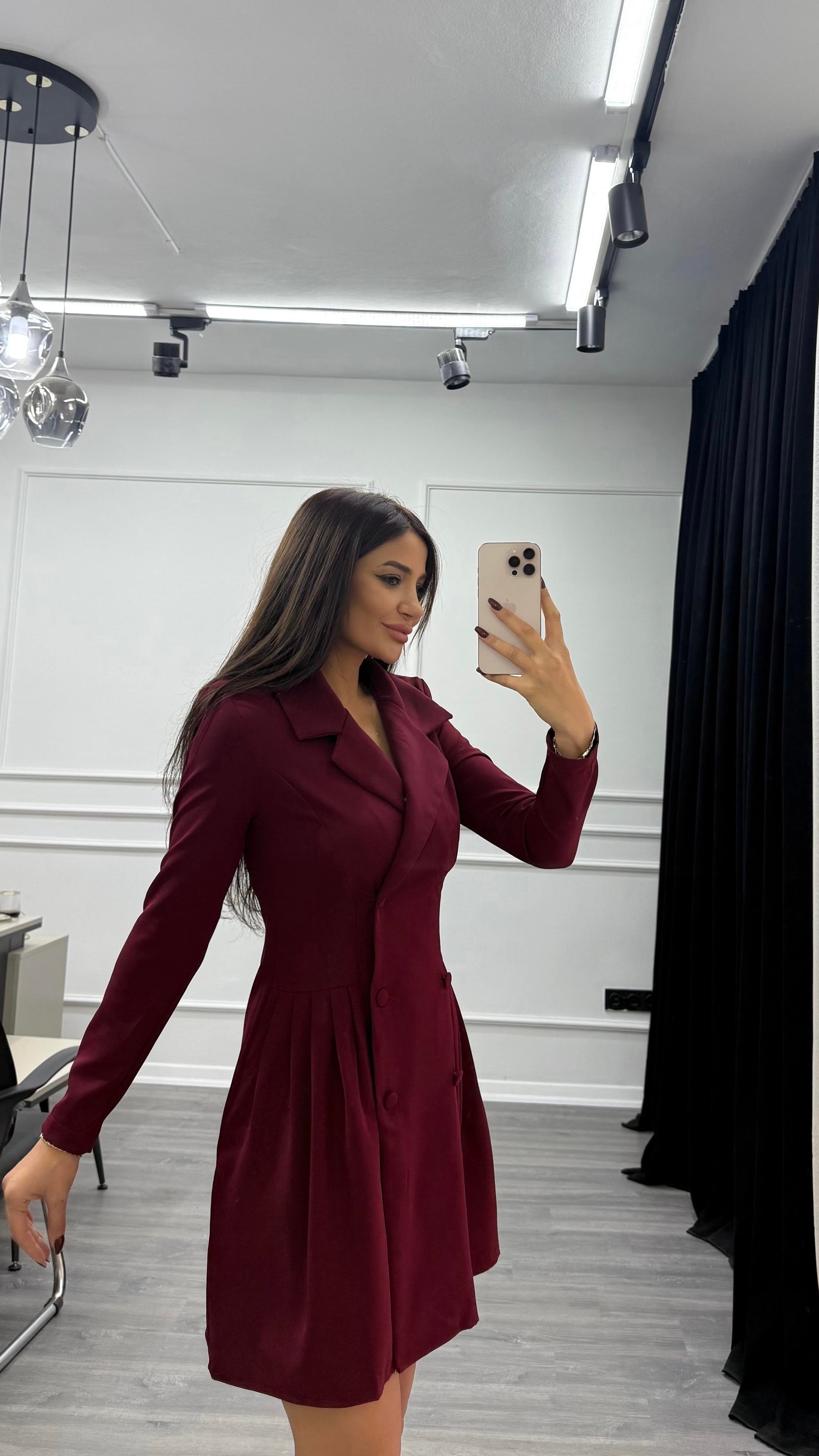 Bordo Düğme Detaylı Blazer Elbise