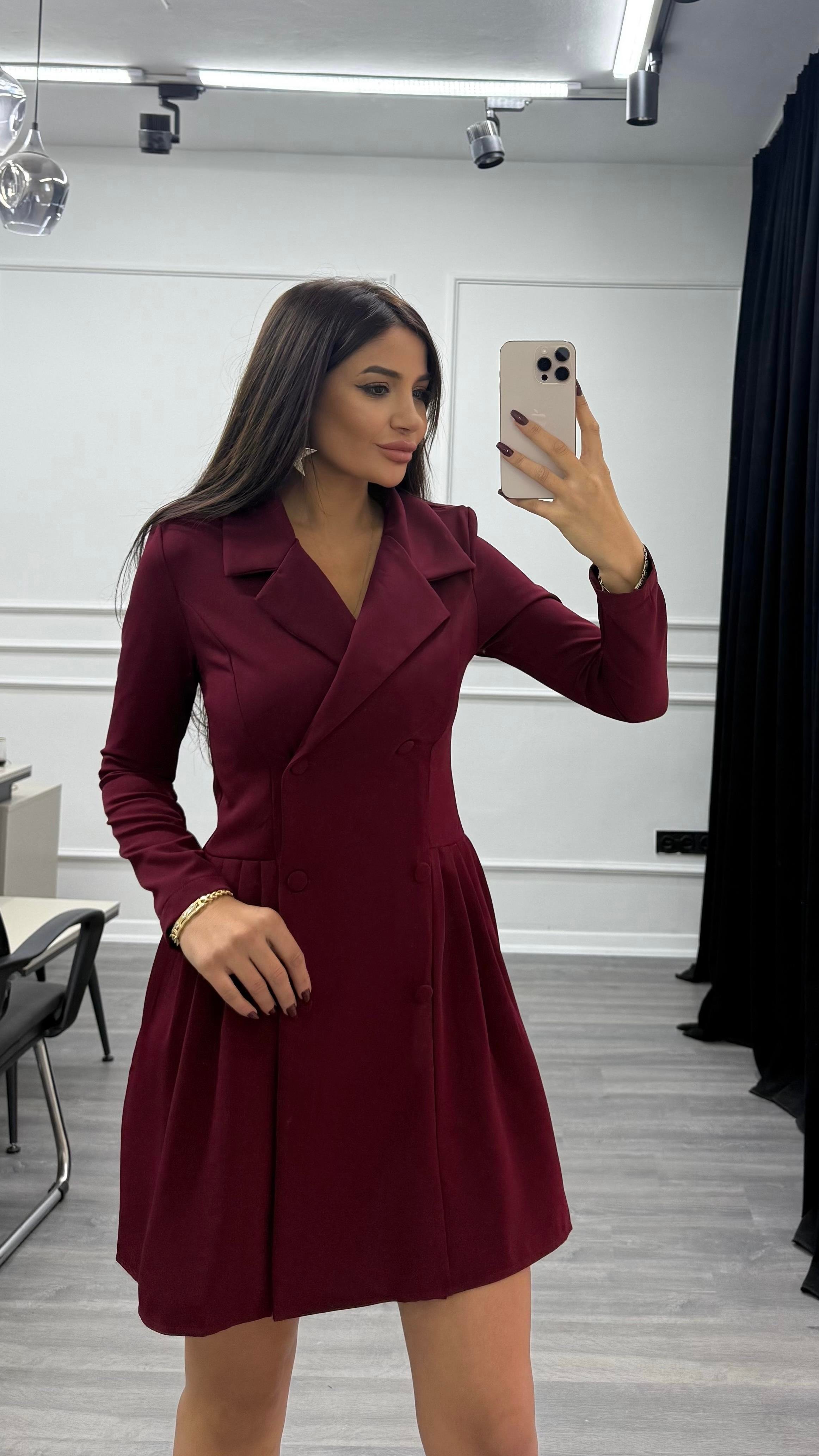 Bordo Düğme Detaylı Blazer Elbise
