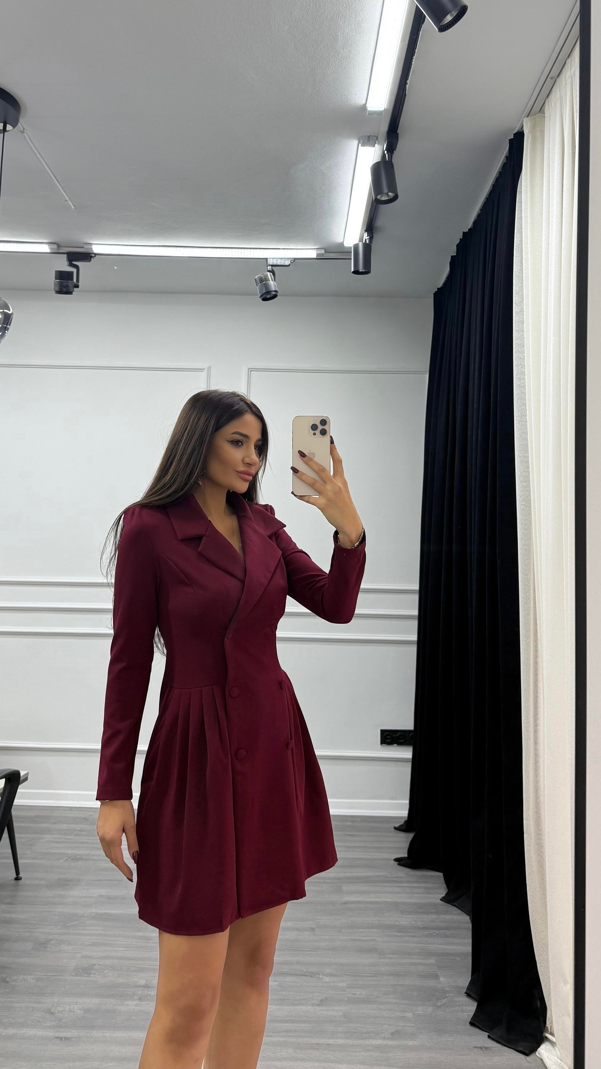 Bordo Düğme Detaylı Blazer Elbise