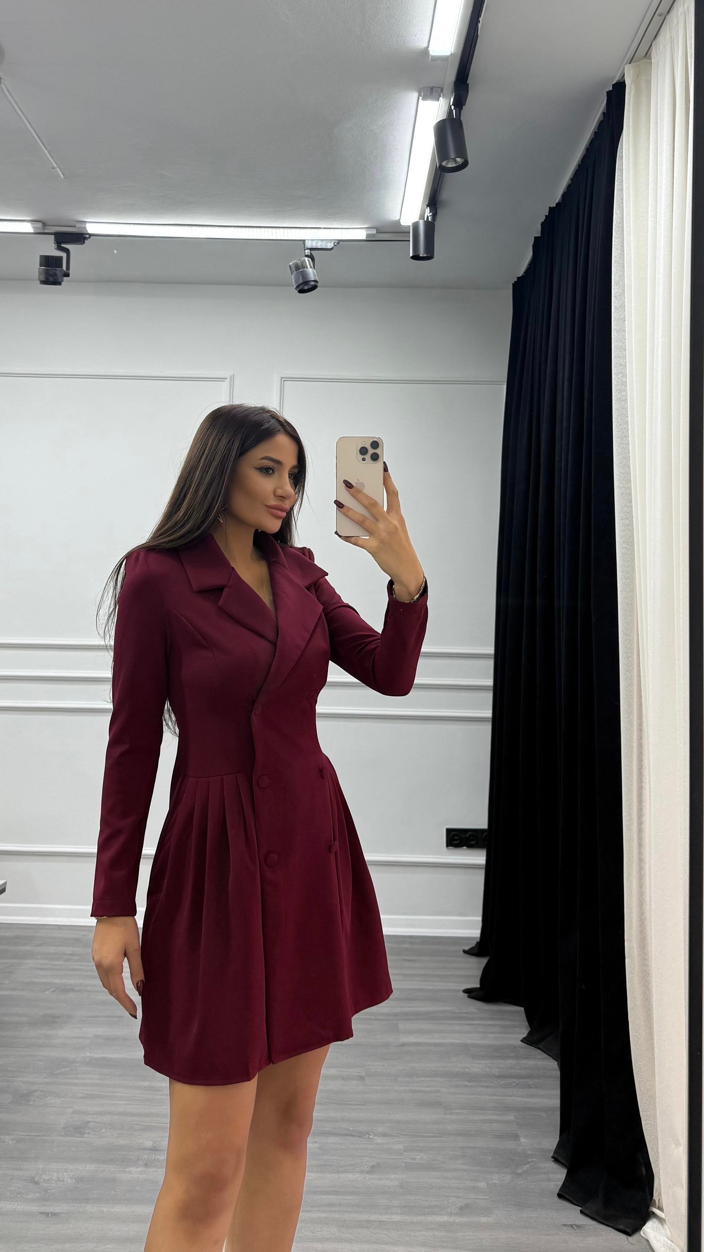 Bordo Düğme Detaylı Blazer Elbise