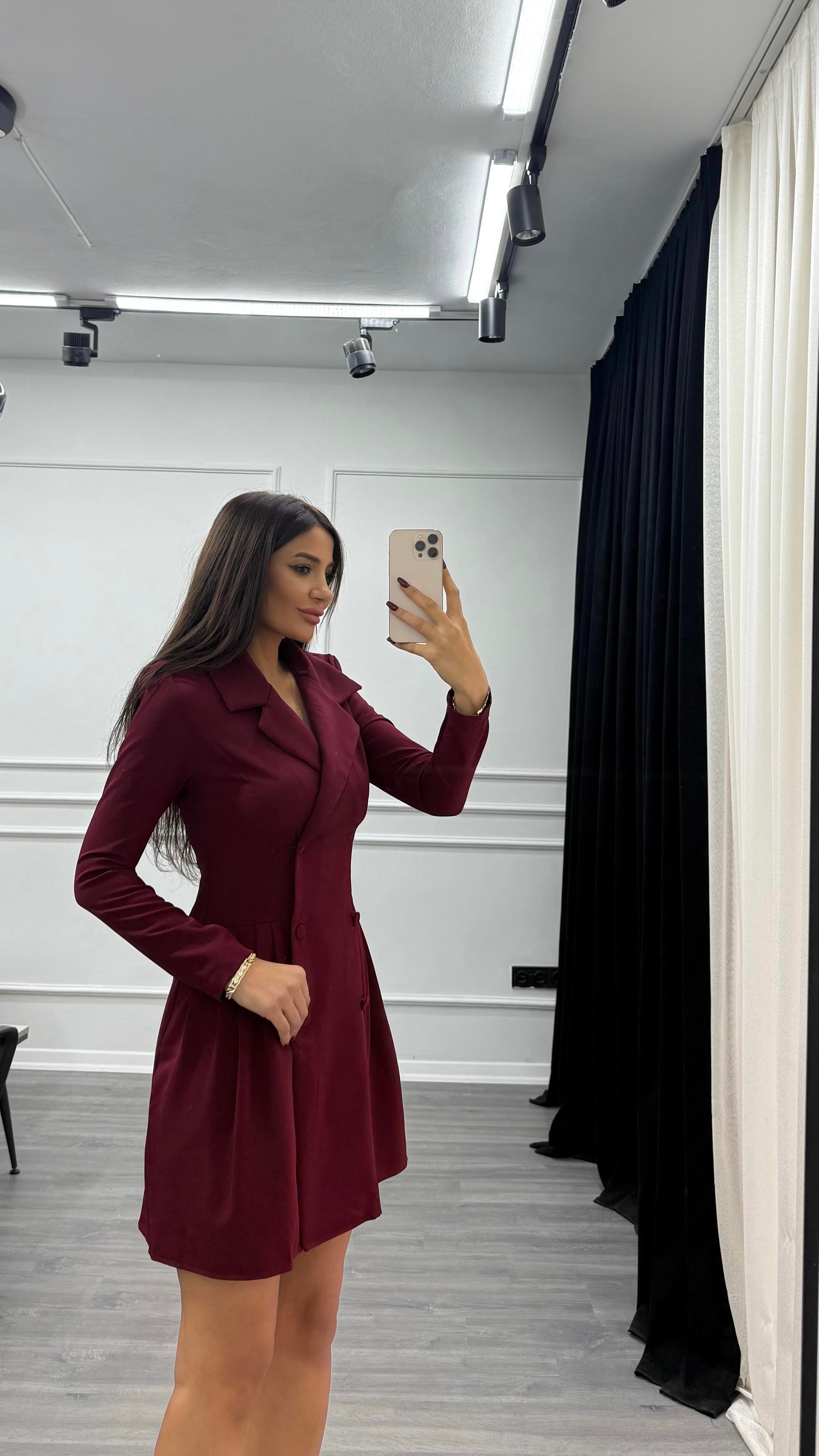 Bordo Düğme Detaylı Blazer Elbise