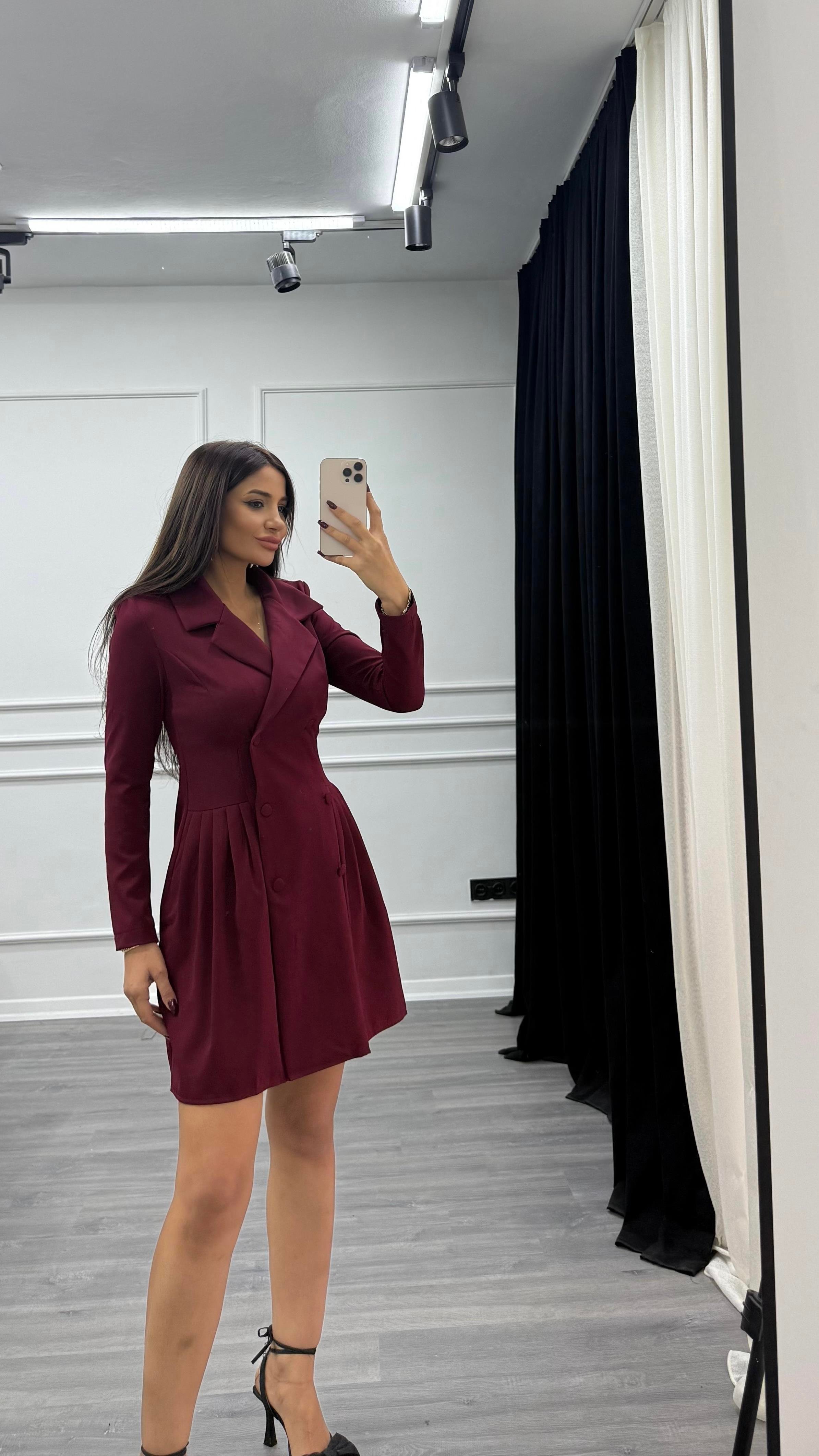 Bordo Düğme Detaylı Blazer Elbise
