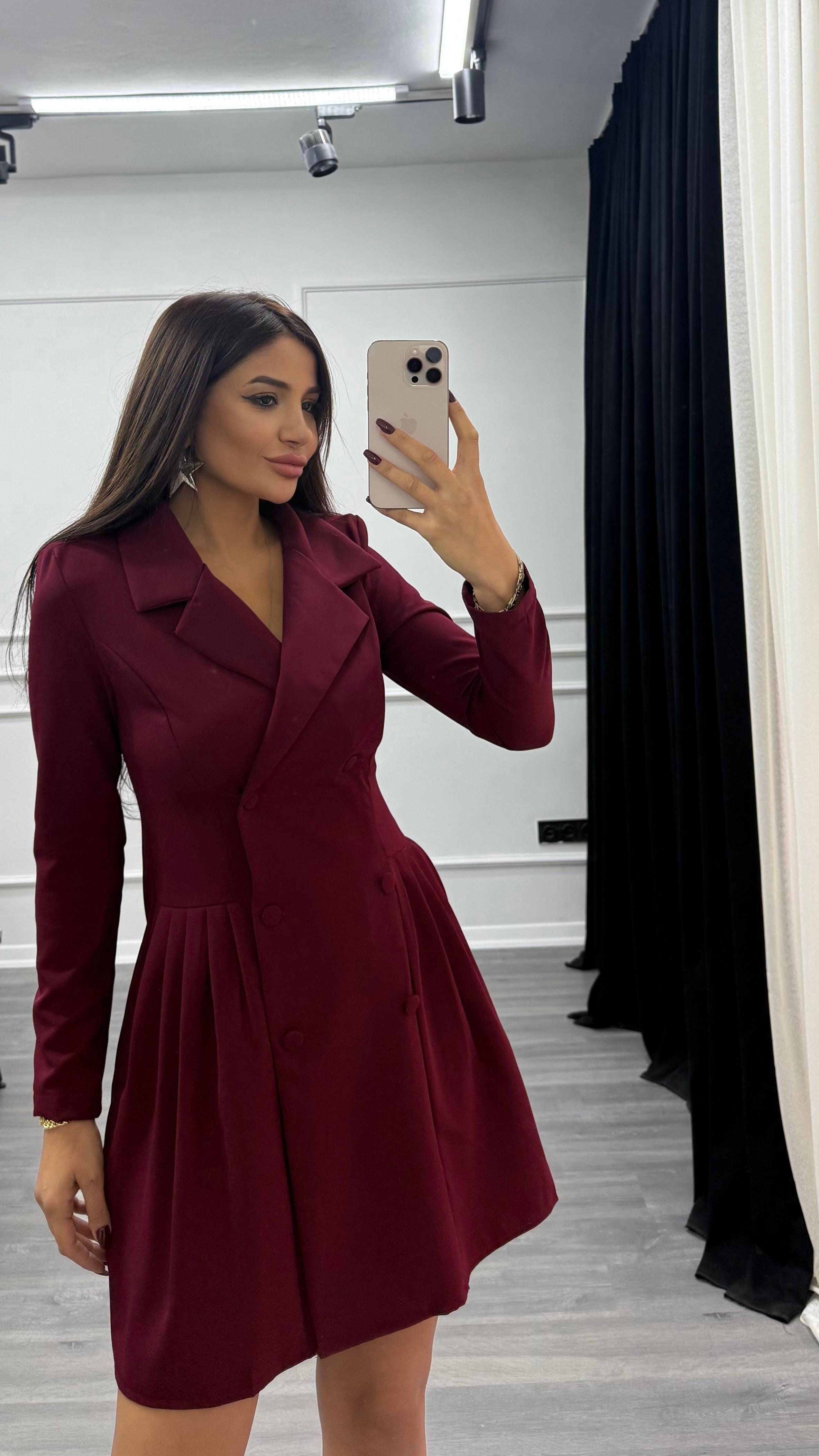Bordo Düğme Detaylı Blazer Elbise