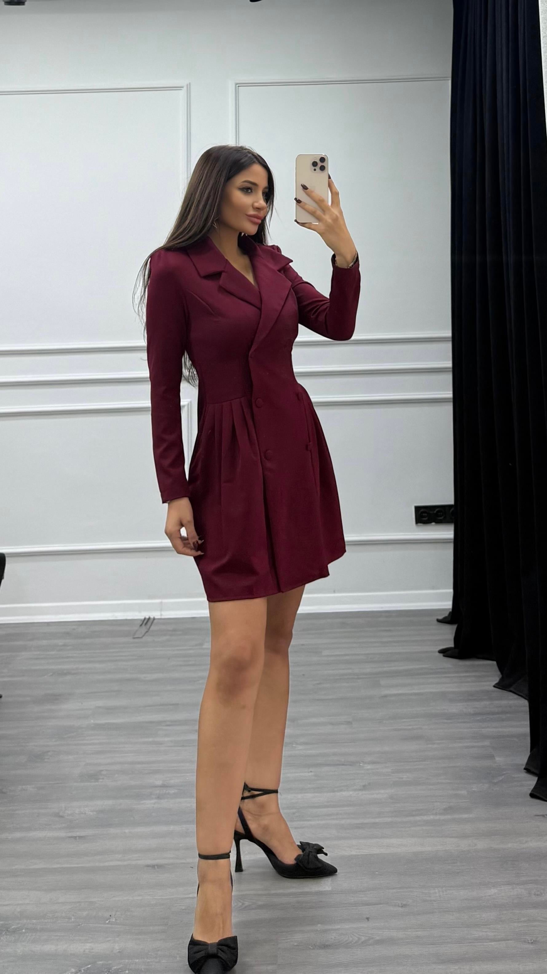 Bordo Düğme Detaylı Blazer Elbise