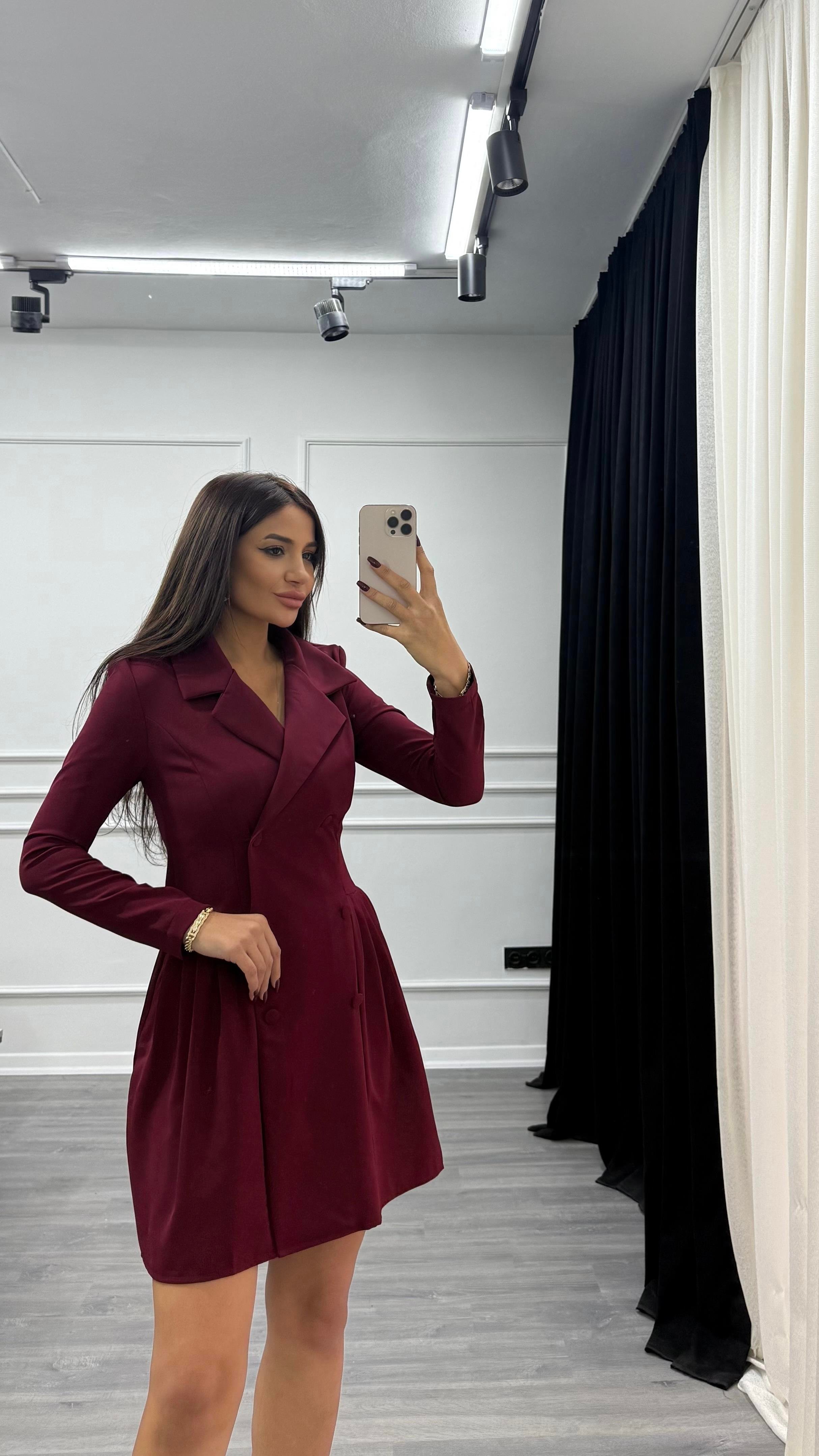 Bordo Düğme Detaylı Blazer Elbise