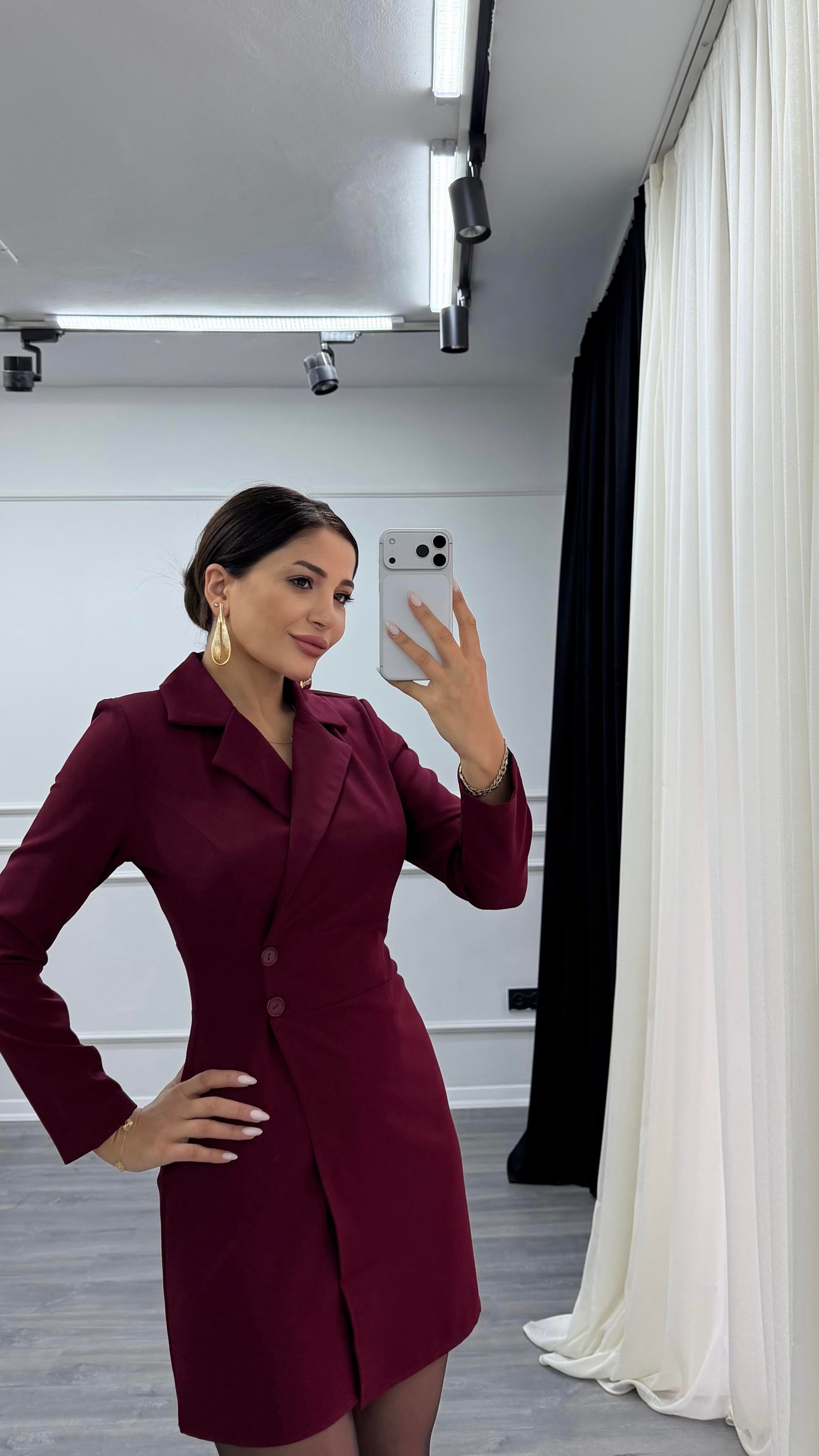 Bordo Düğme Detaylı Kısa Boy Dokuma Ceket Elbise