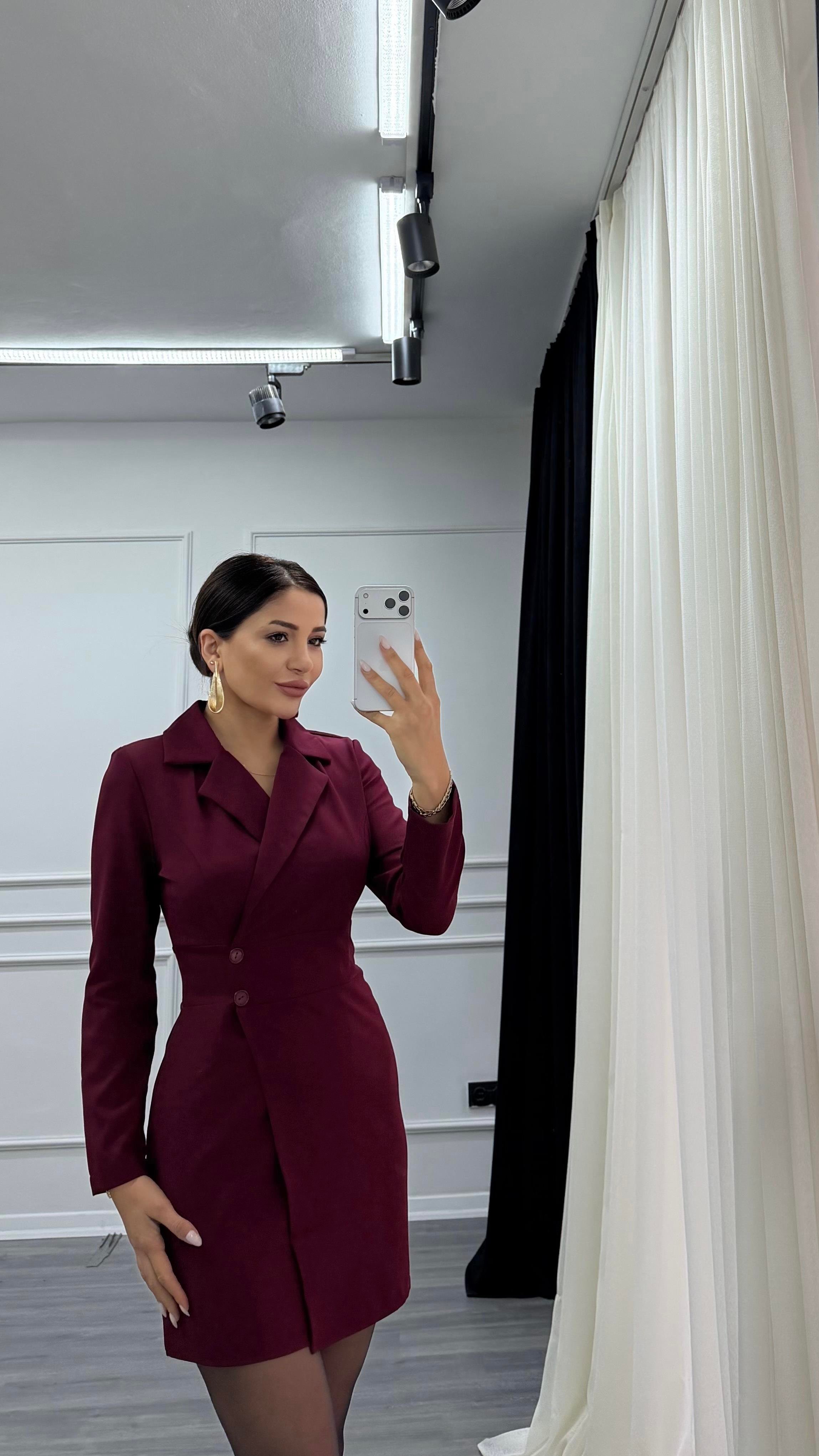 Bordo Düğme Detaylı Kısa Boy Dokuma Ceket Elbise