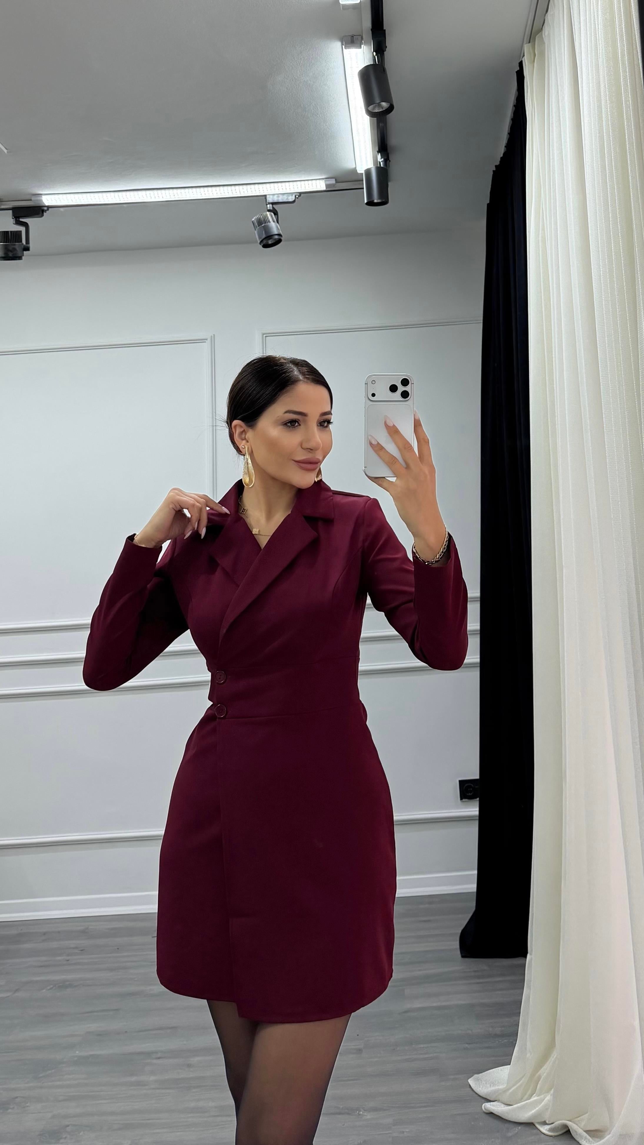 Bordo Düğme Detaylı Kısa Boy Dokuma Ceket Elbise