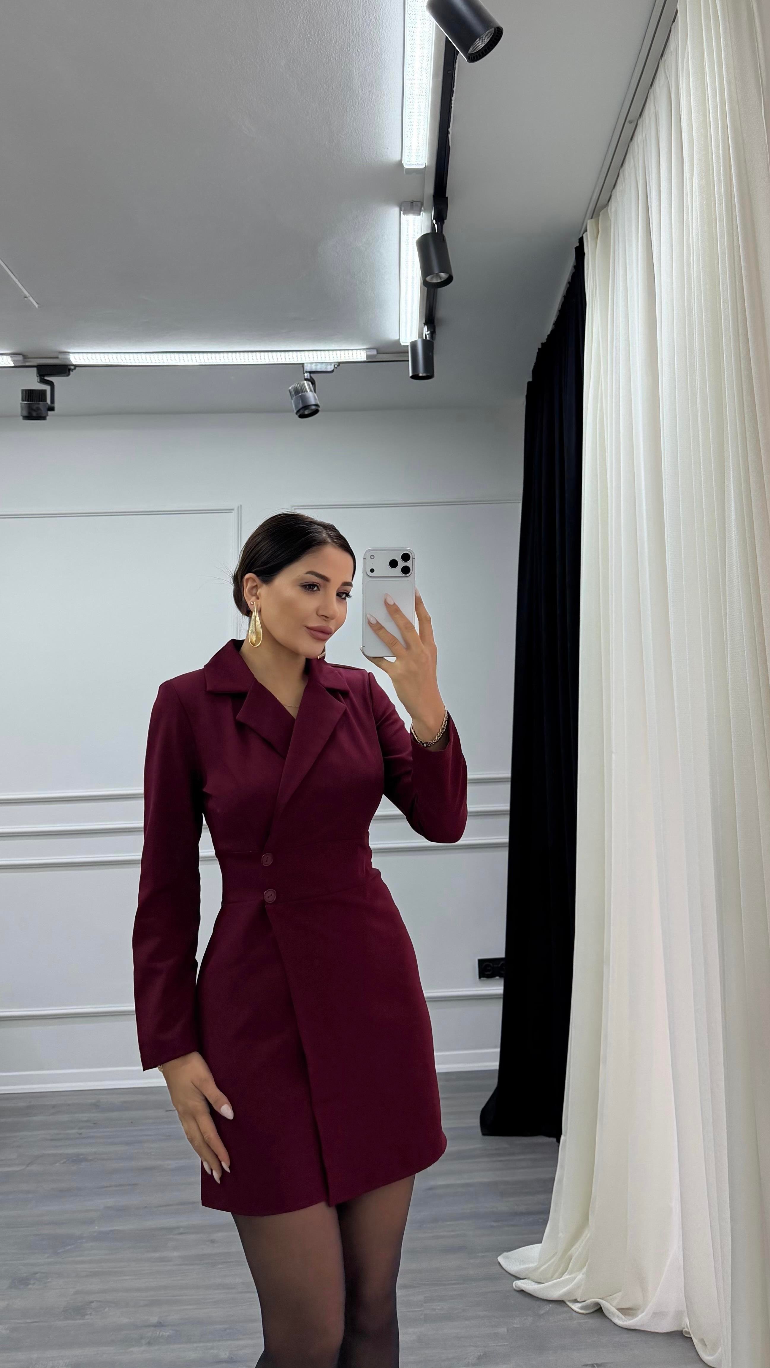 Bordo Düğme Detaylı Kısa Boy Dokuma Ceket Elbise