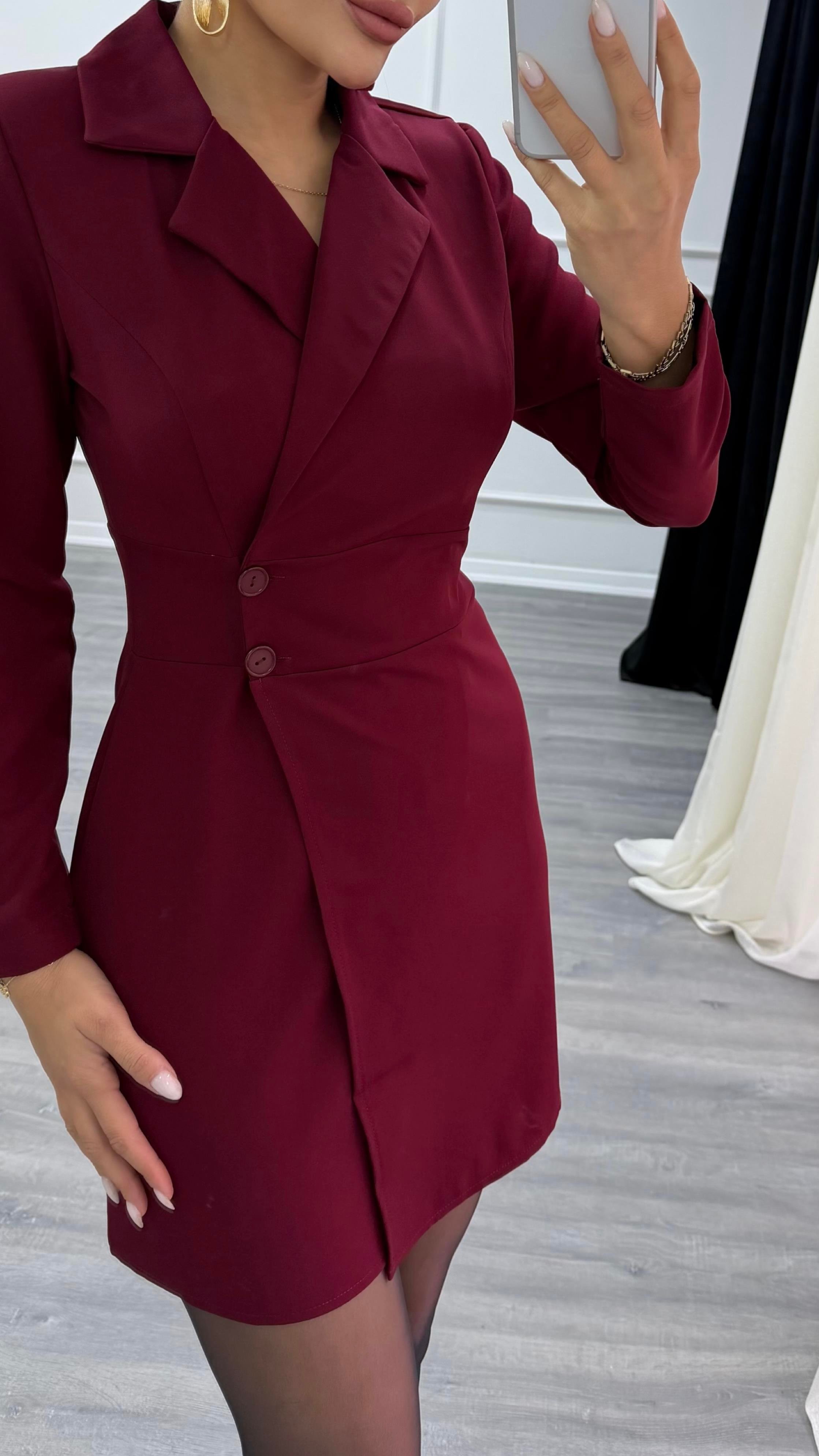 Bordo Düğme Detaylı Kısa Boy Dokuma Ceket Elbise