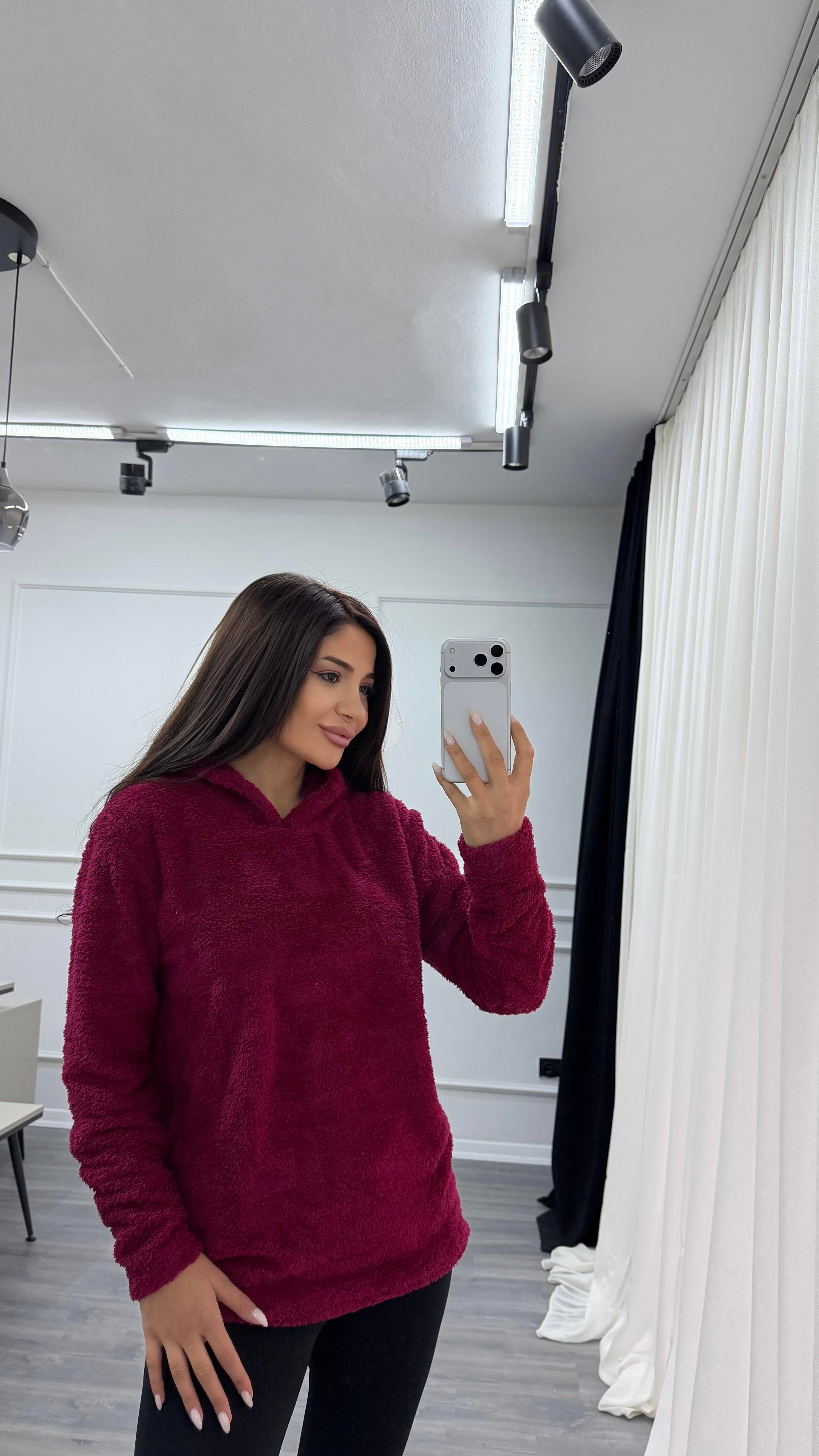 Bordo Kapüşonlu Yumoş Oversize Peluş Sweatshirt