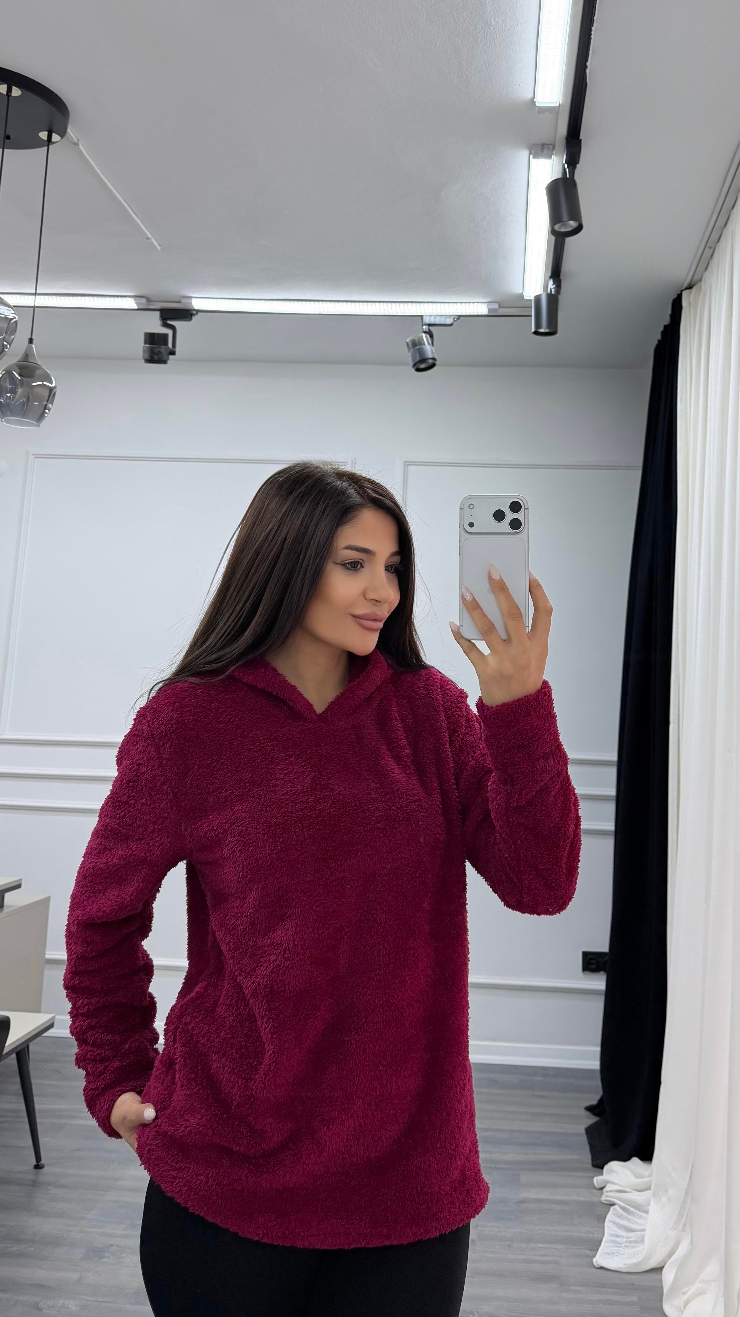Bordo Kapüşonlu Yumoş Oversize Peluş Sweatshirt