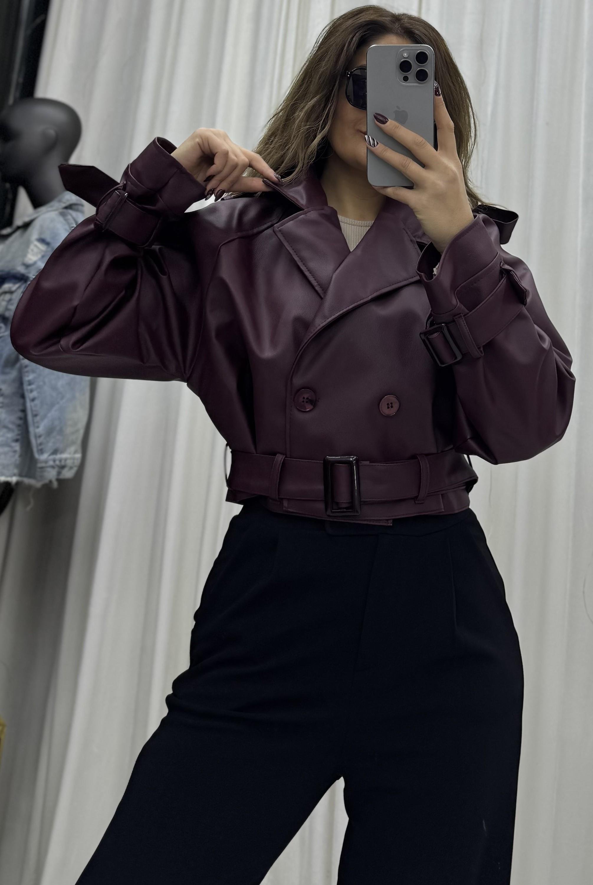 Bordo Kuşaklı Crop Deri Ceket