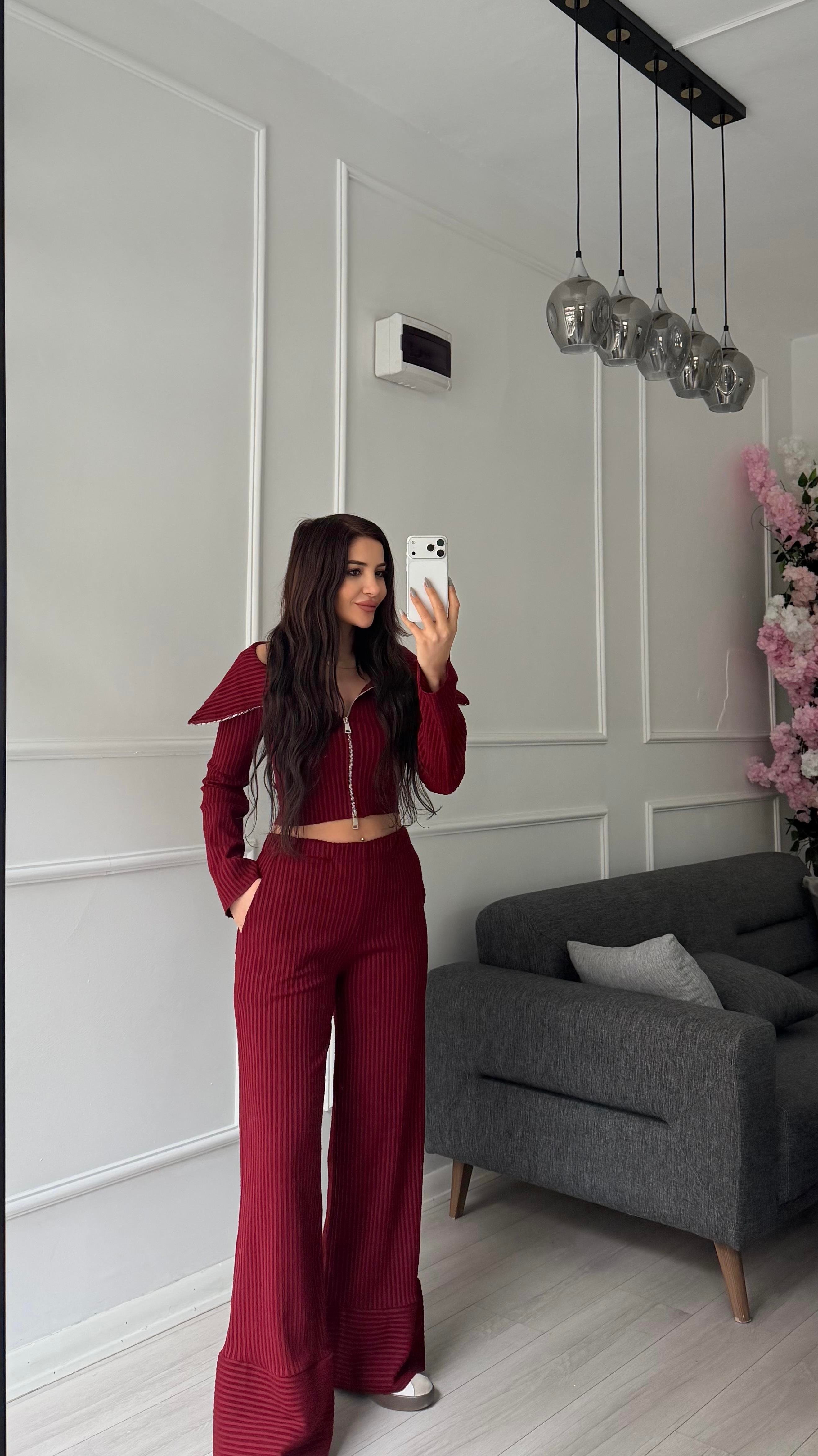 Bordo Madonna Yaka Fermuar Detaylı Pantolon Takım