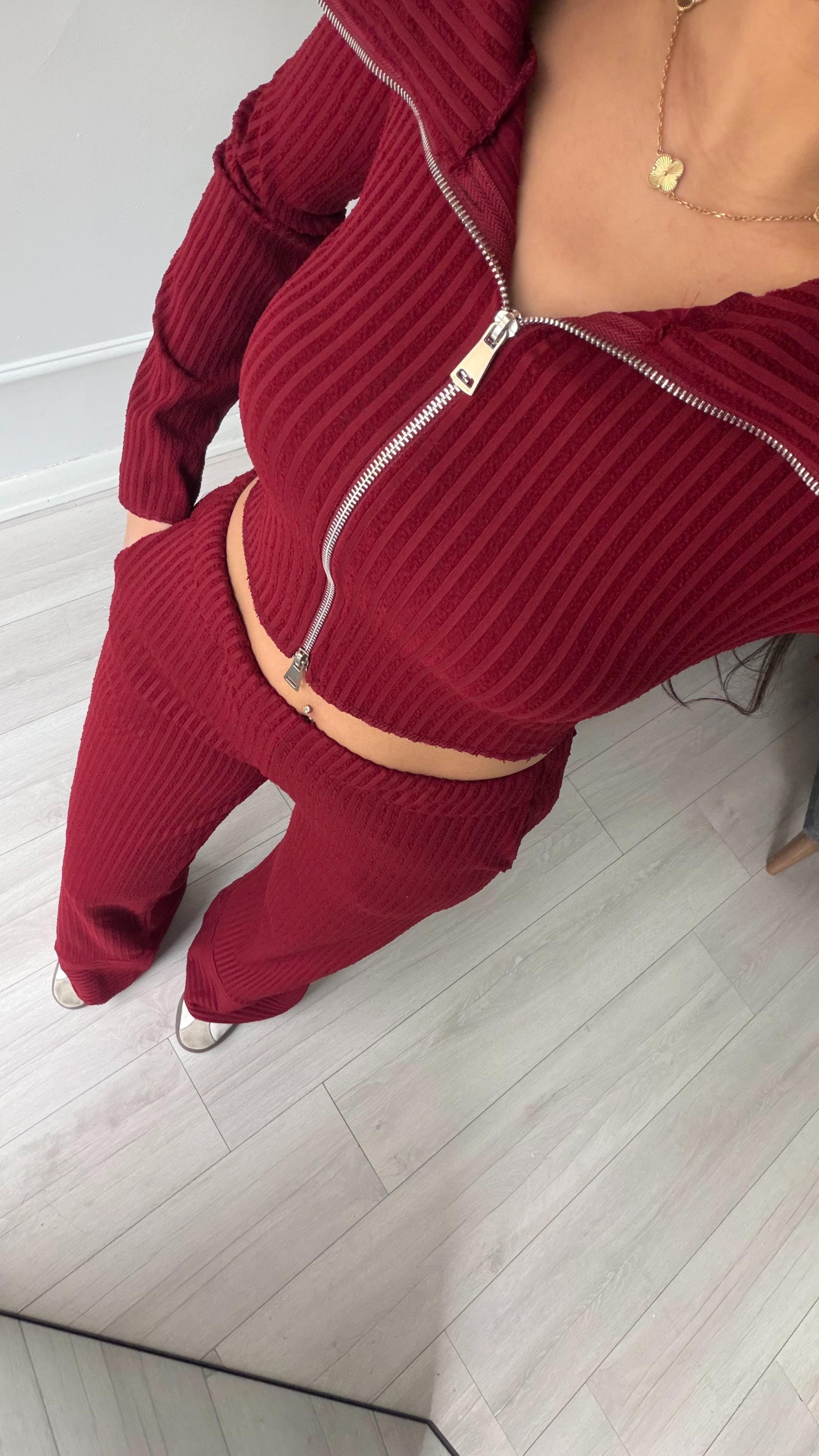 Bordo Madonna Yaka Fermuar Detaylı Pantolon Takım