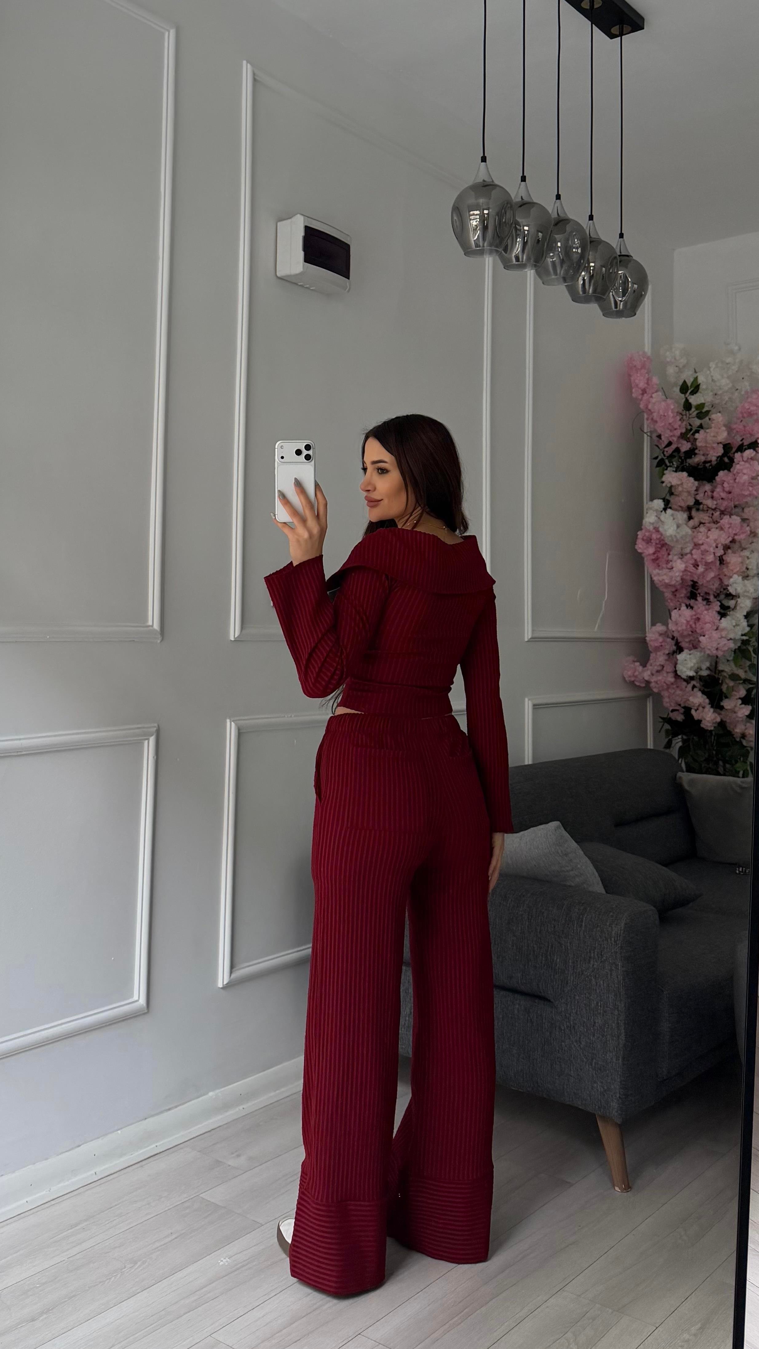 Bordo Madonna Yaka Fermuar Detaylı Pantolon Takım