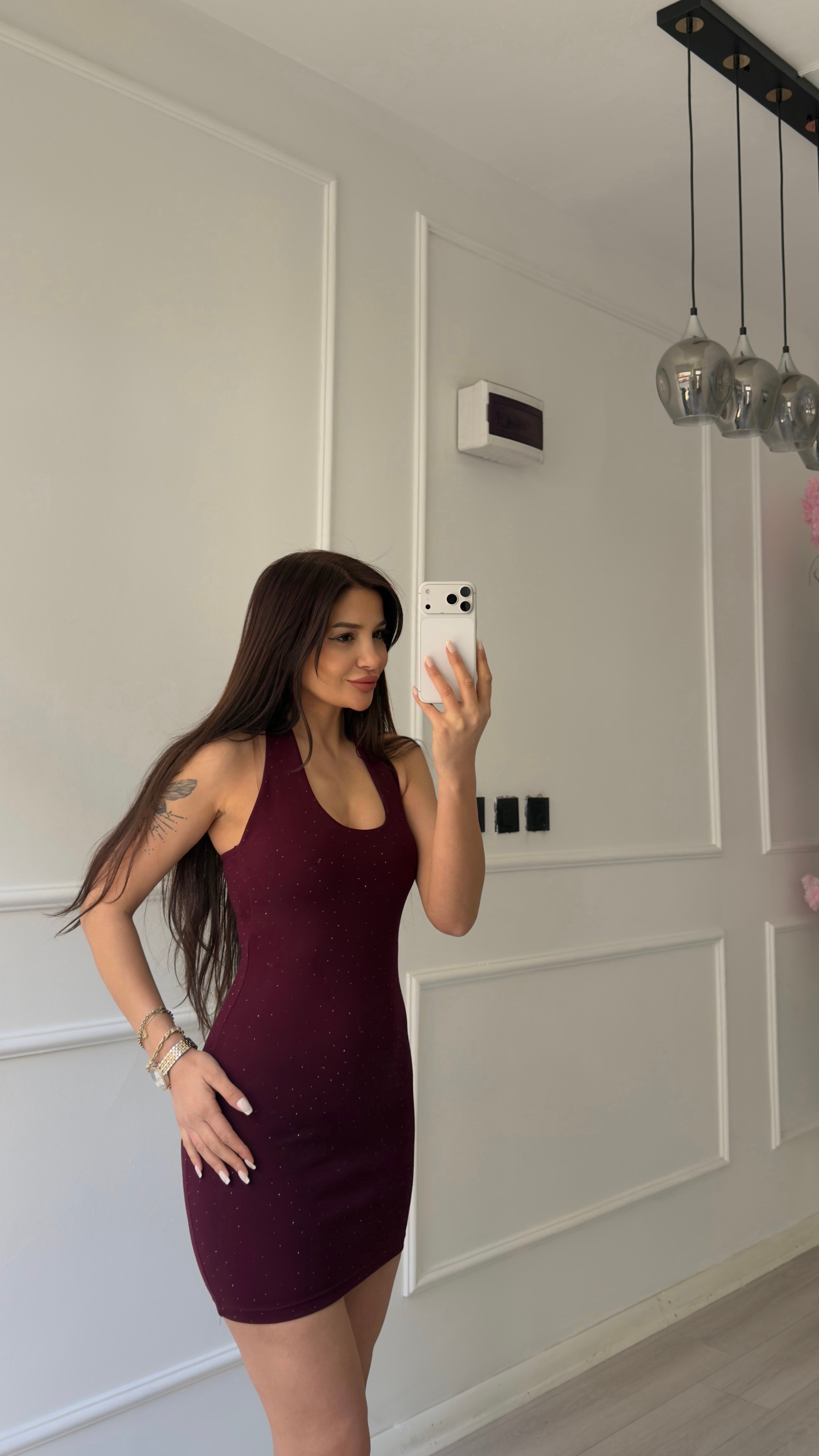 Bordo Parıltılı Halter Yaka Mini Elbise