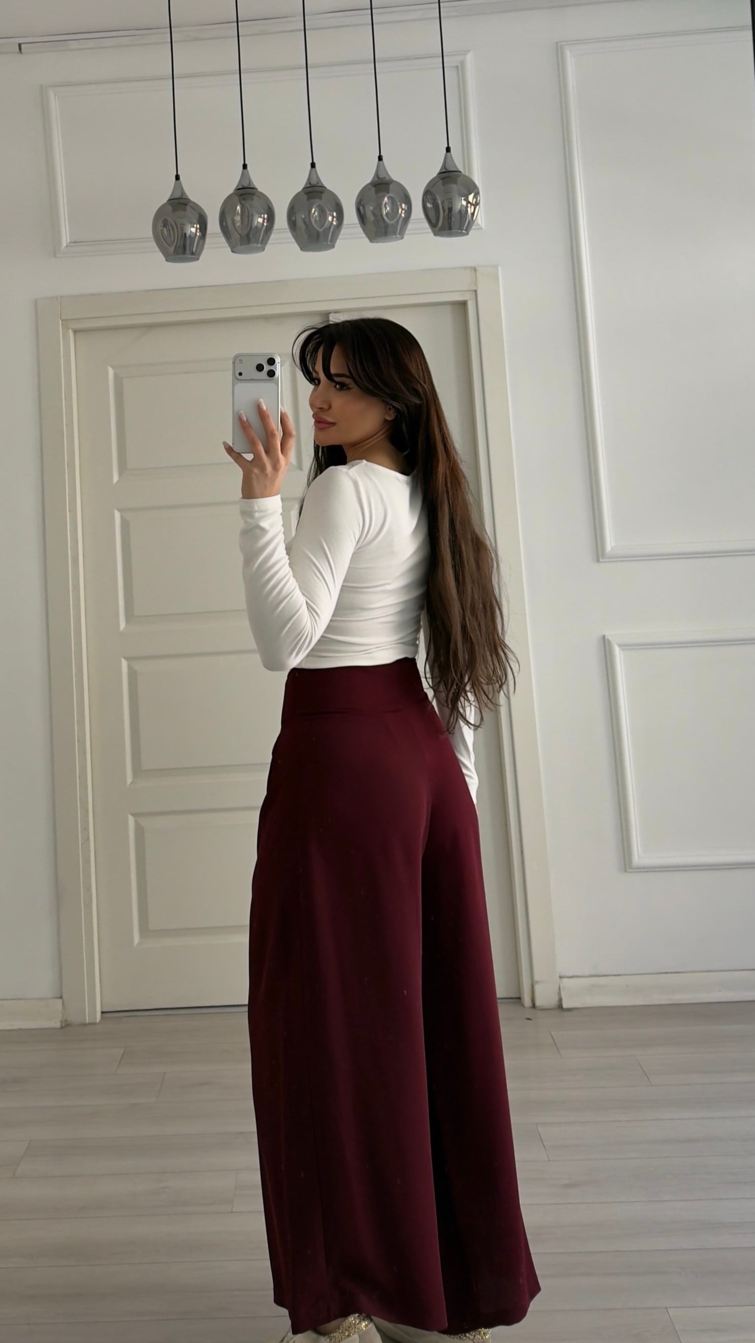 Bordo Pile Detaylı Kemerli Bol Paça Pantolon 