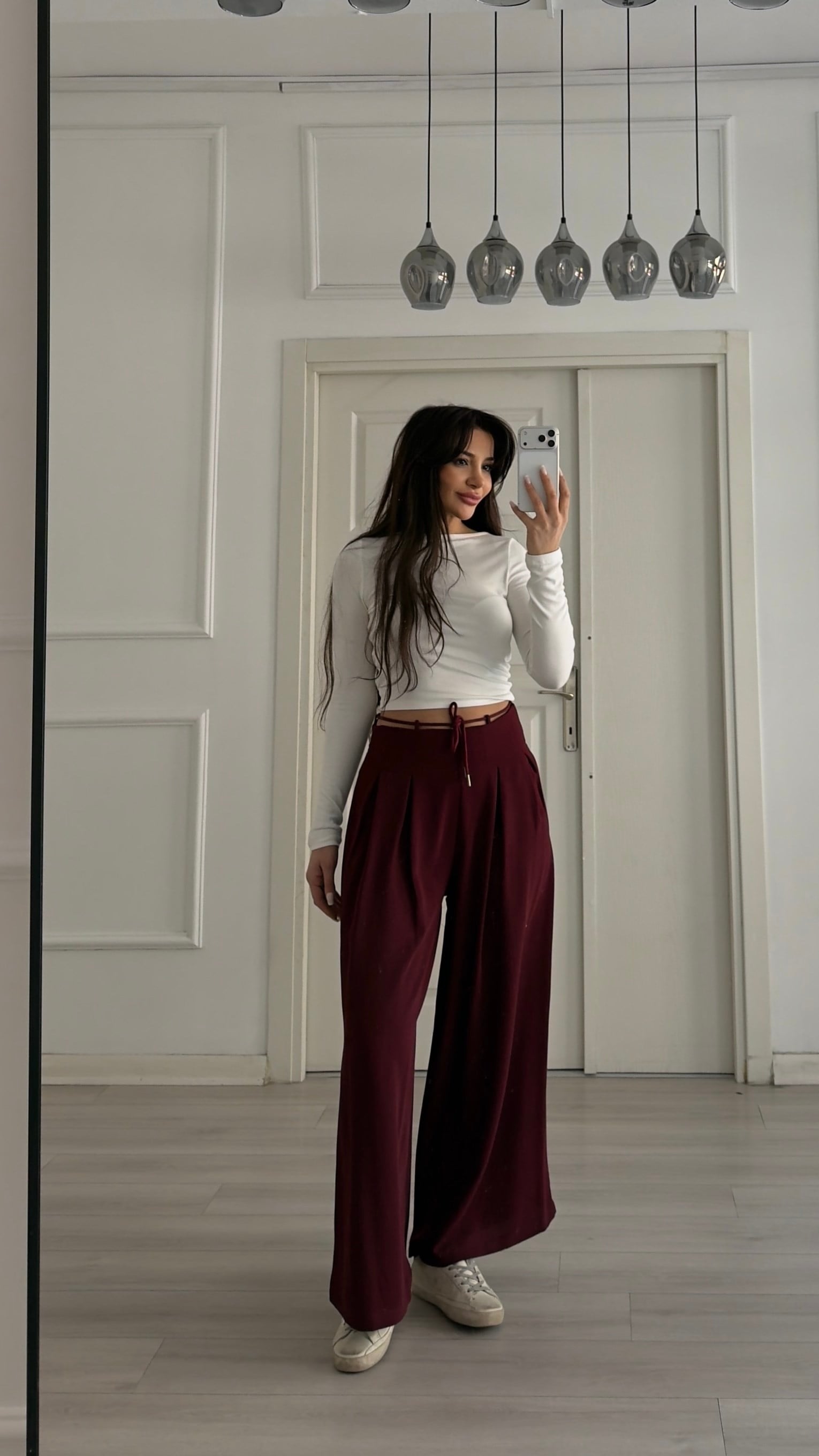 Bordo Pile Detaylı Kemerli Bol Paça Pantolon 