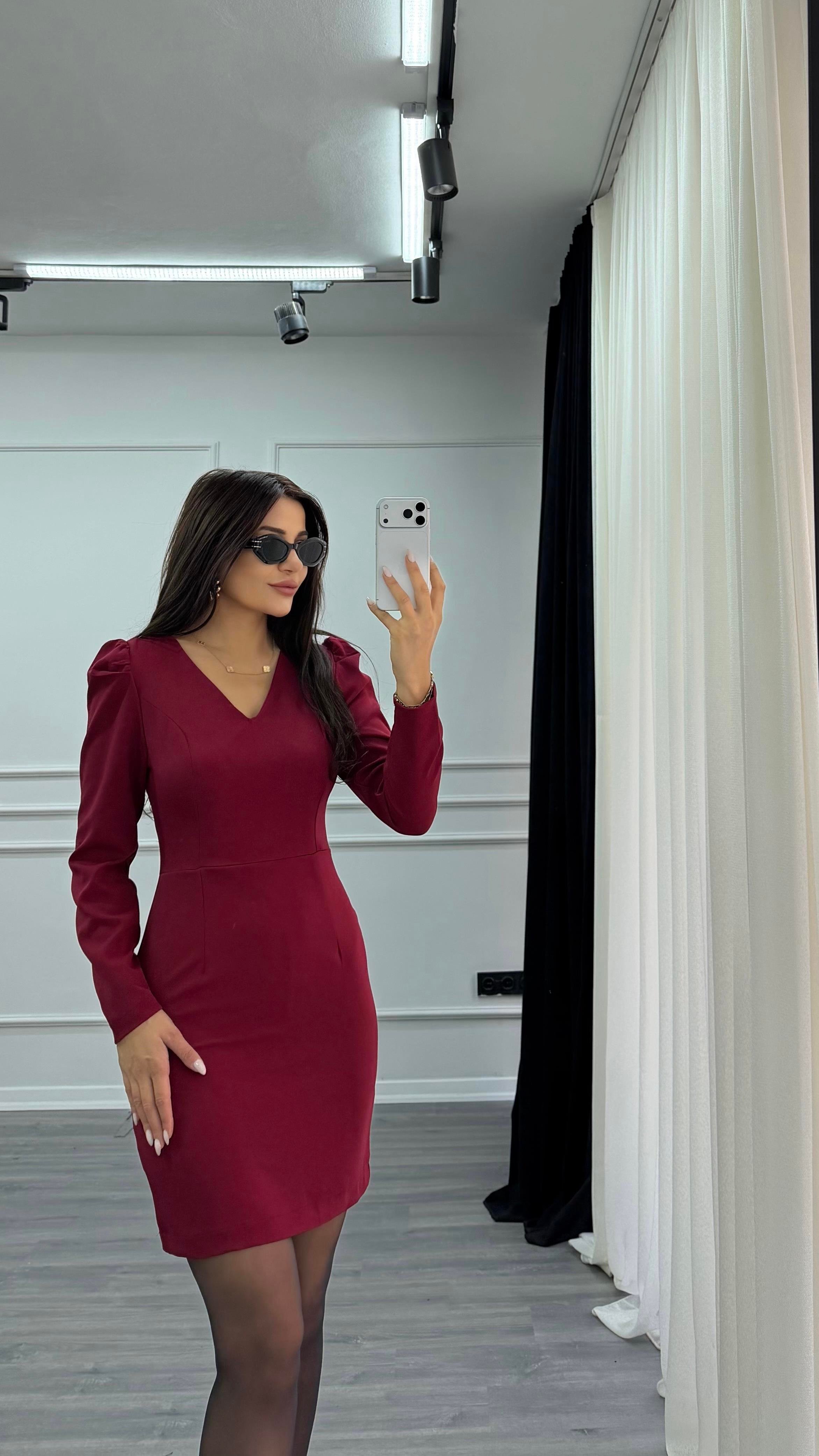 Bordo V Yaka Balon Kol Kısa Boy Dokuma Elbise