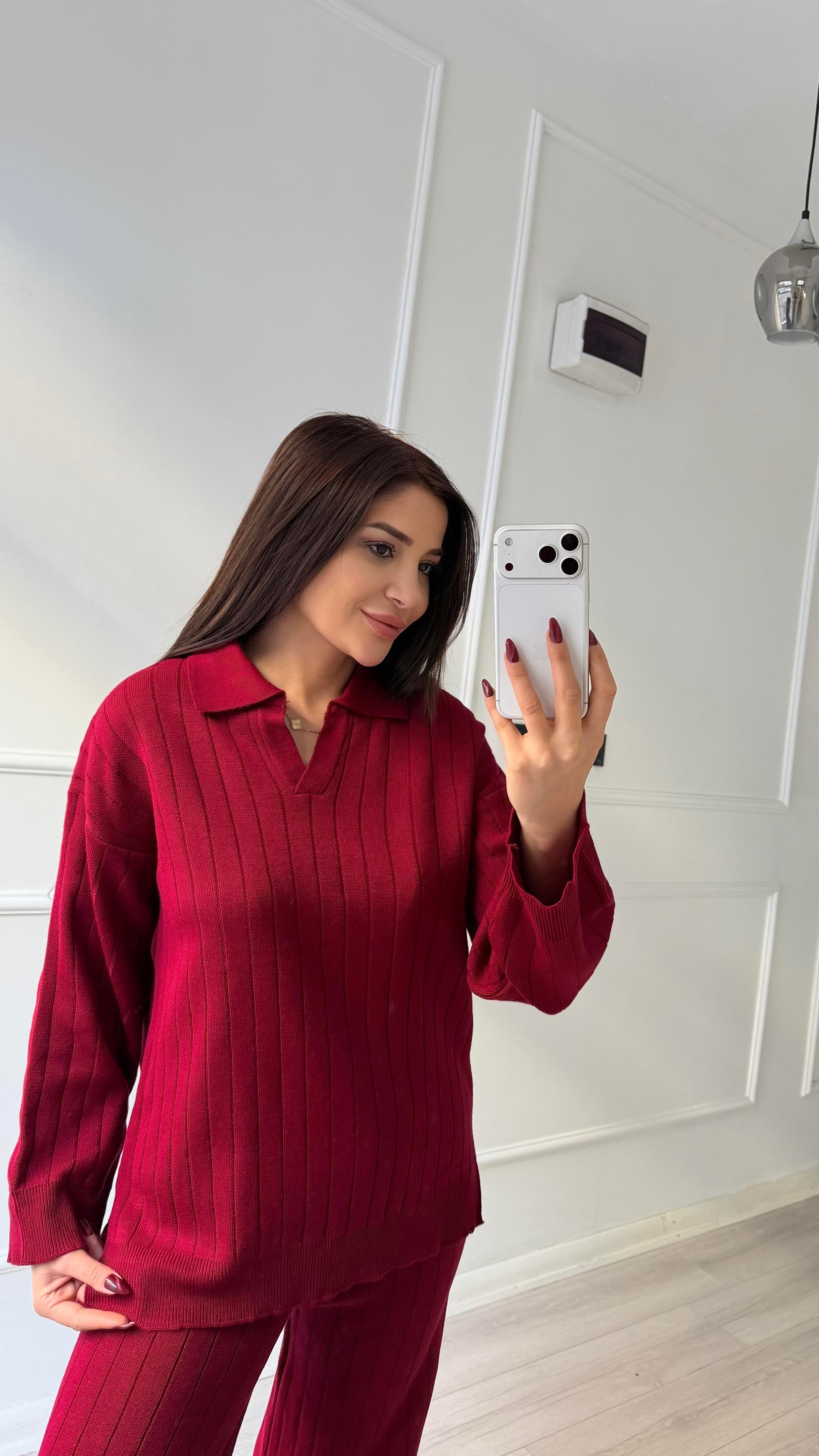 Bordo Yumuşak Dokulu Polo Yaka Triko Pantolon Takım