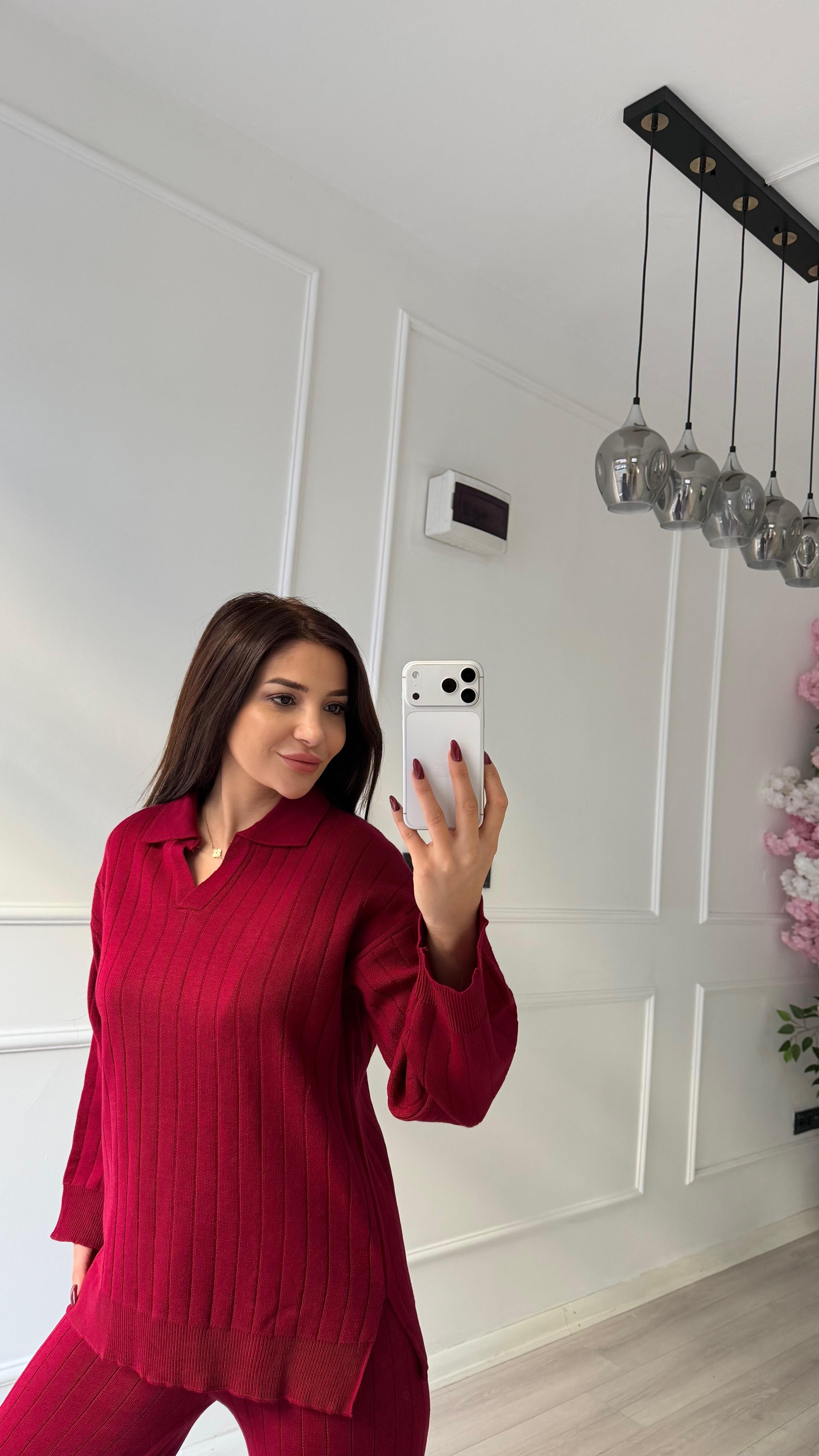Bordo Yumuşak Dokulu Polo Yaka Triko Pantolon Takım