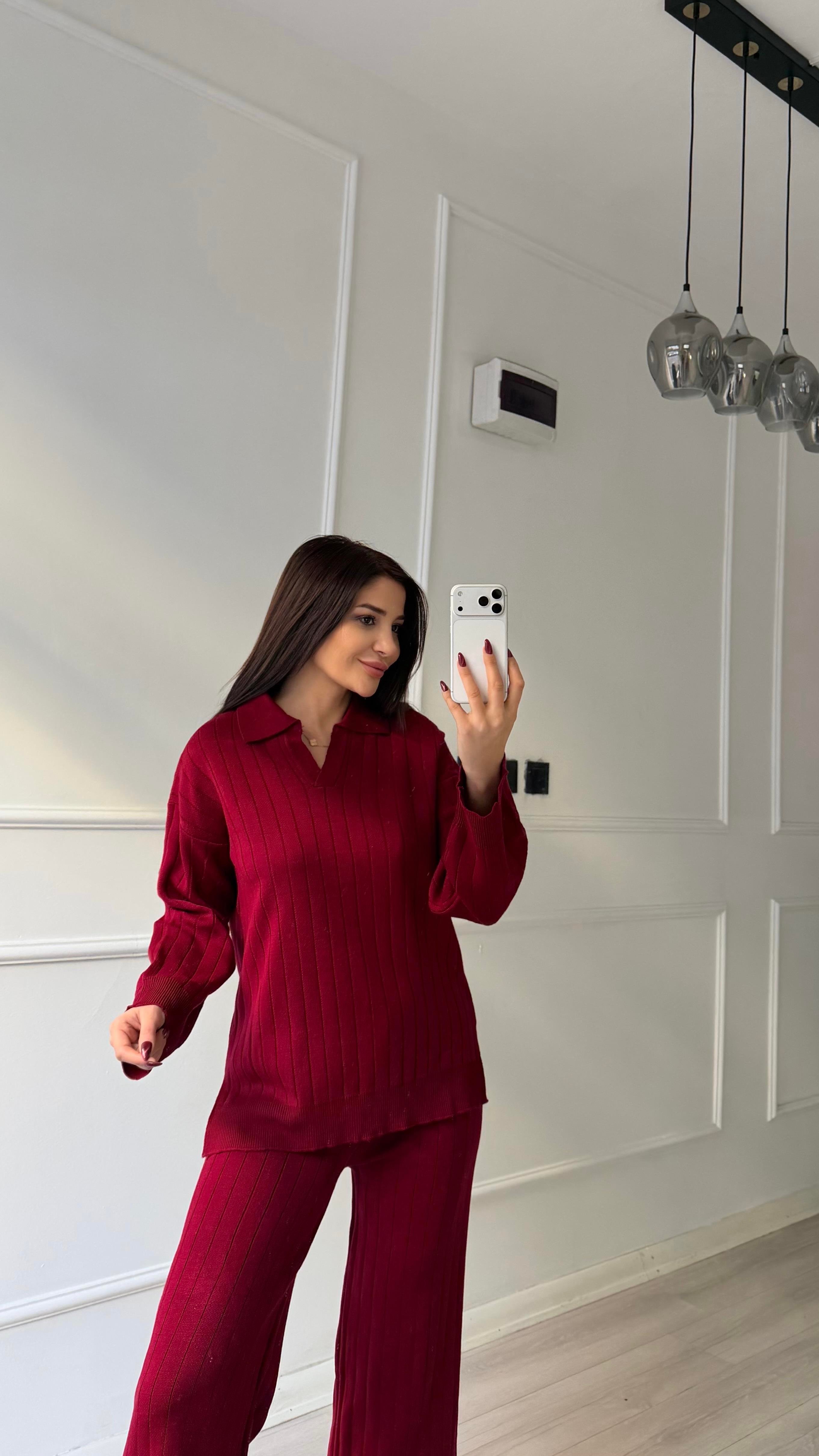 Bordo Yumuşak Dokulu Polo Yaka Triko Pantolon Takım