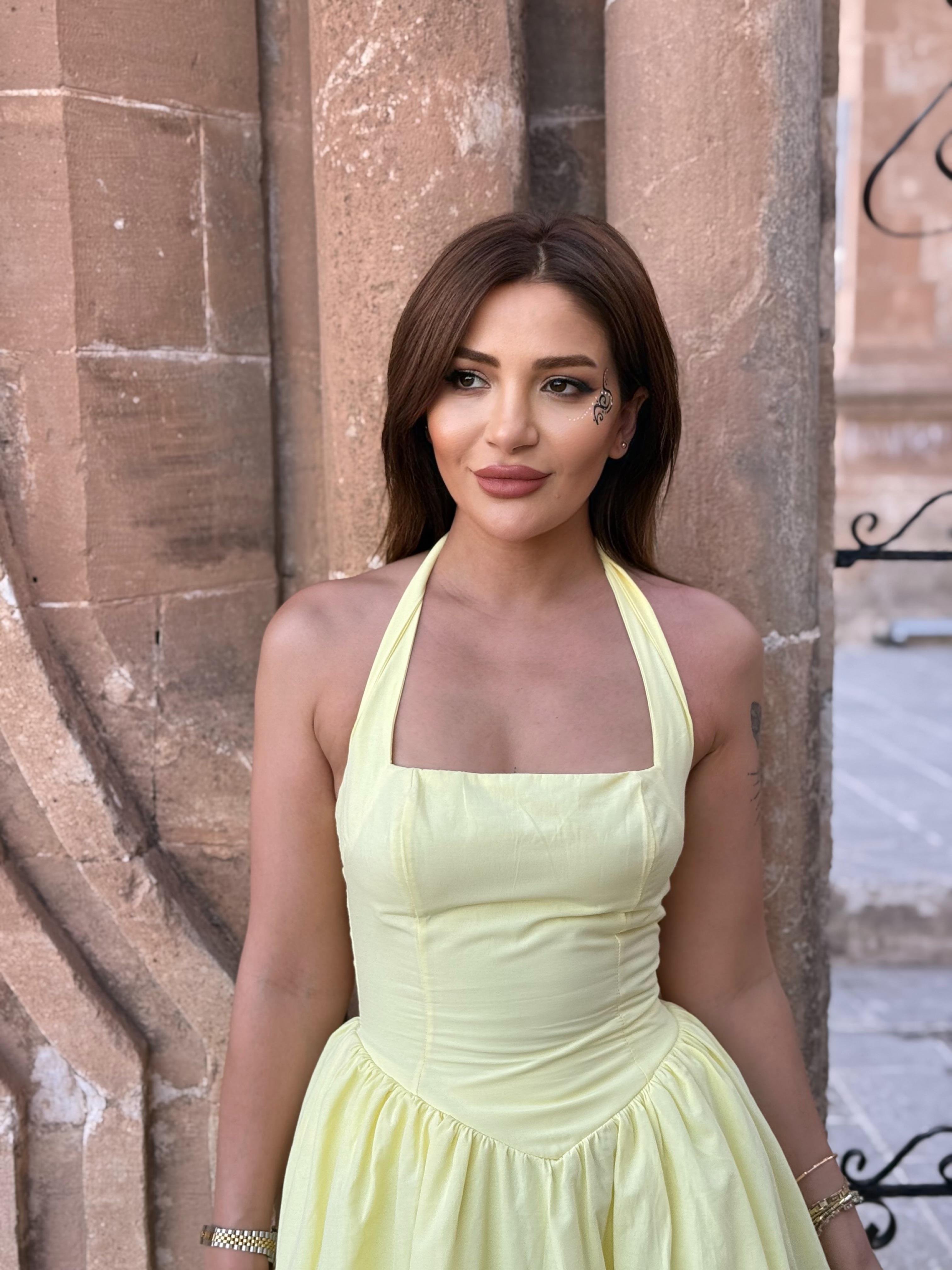 Boyundan Bağlı Keten Midi Sarı