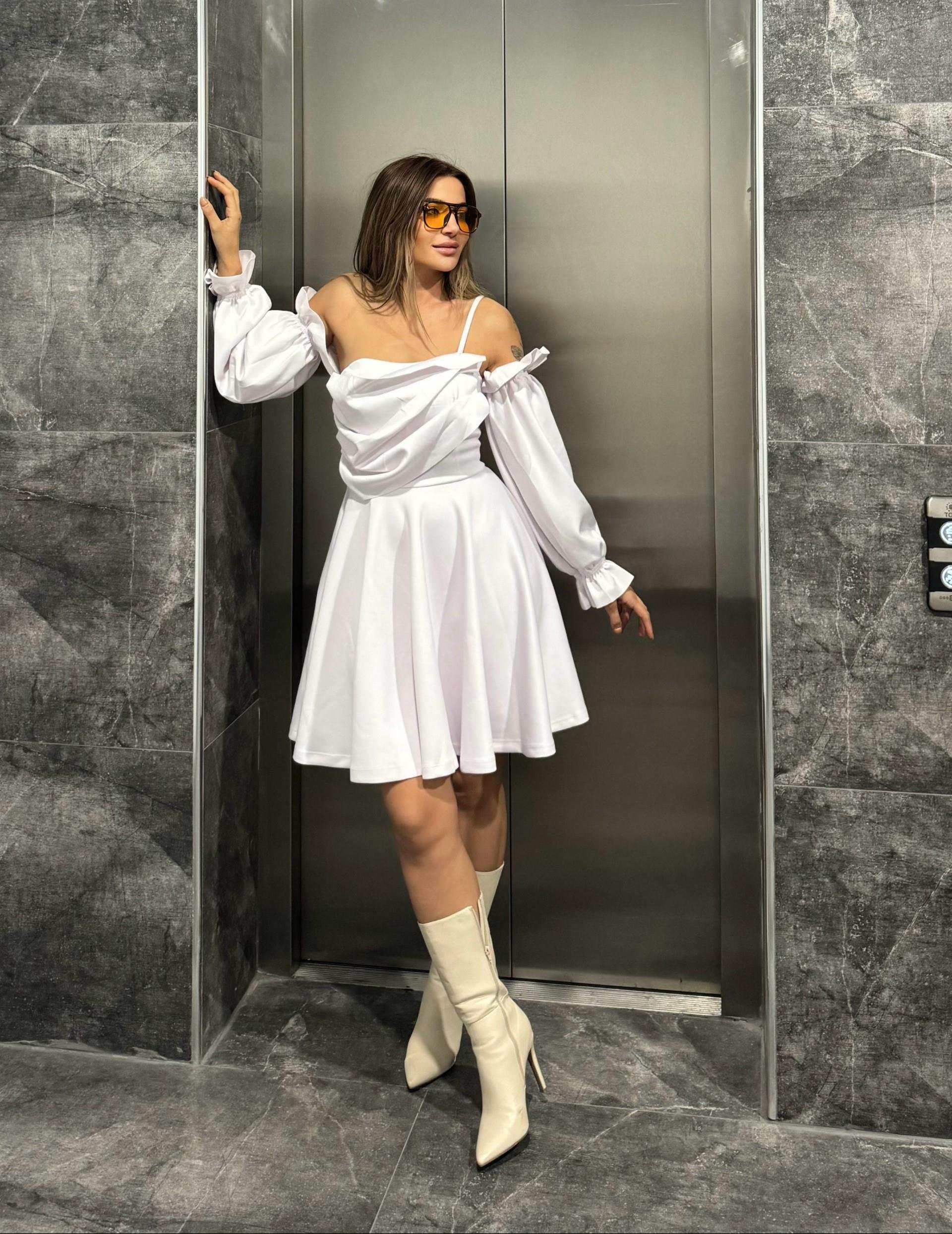 Bridal Beyaz A-Kesim Dokuma Düğün/Nikah Gece kısa Elbise