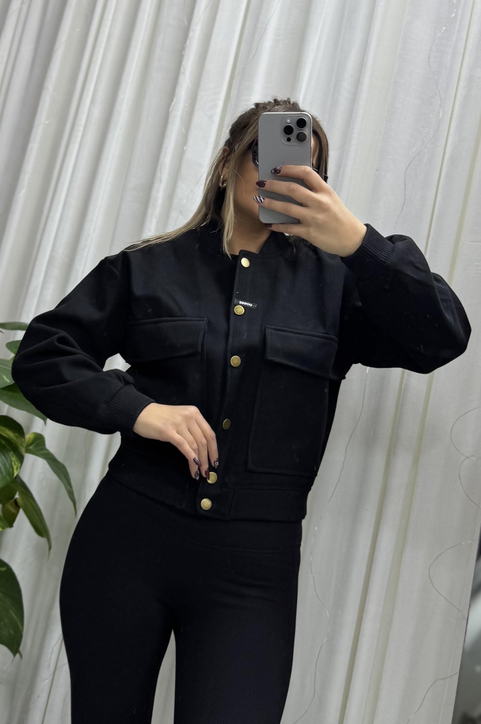 Büyük Cepli Kaşe Bomber Ceket-siyah