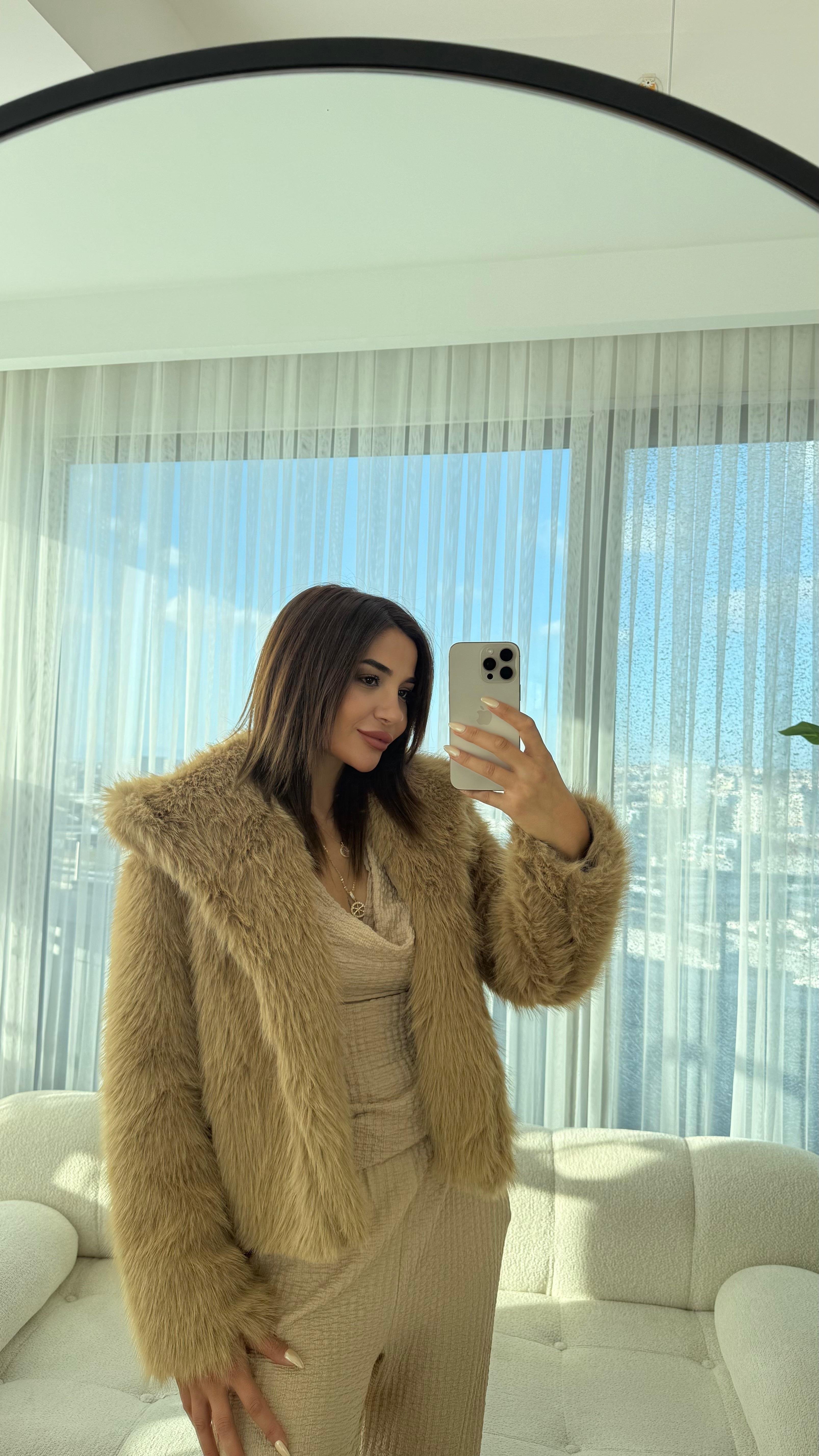 Camel Şal Yaka Kadın Mont Rahat Kalıp İç Astarlı Premium Kalite  Kürk 