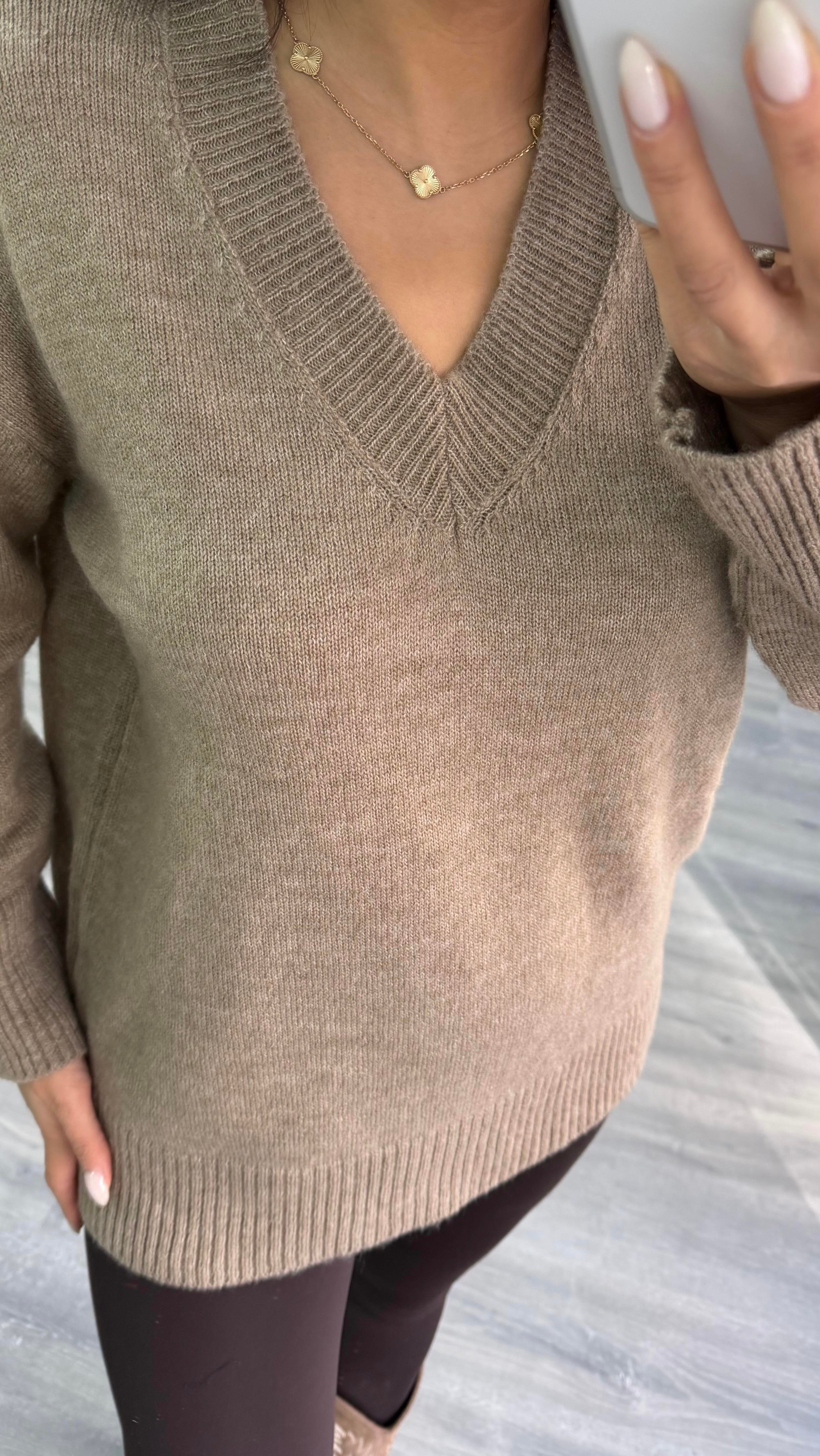 Camel V Yaka Standart Beden Oversize Basic Triko Kazak