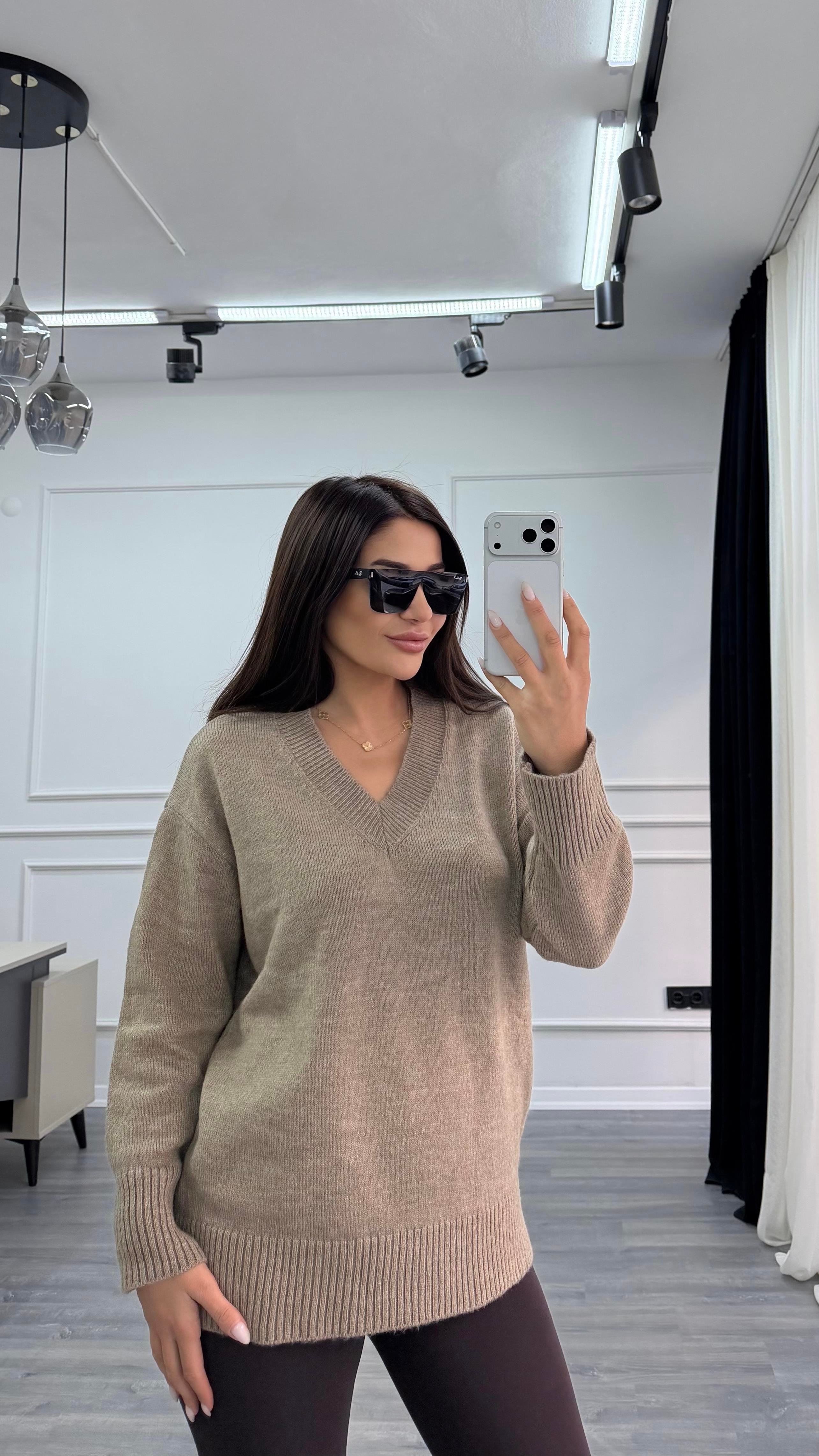 Camel V Yaka Standart Beden Oversize Basic Triko Kazak