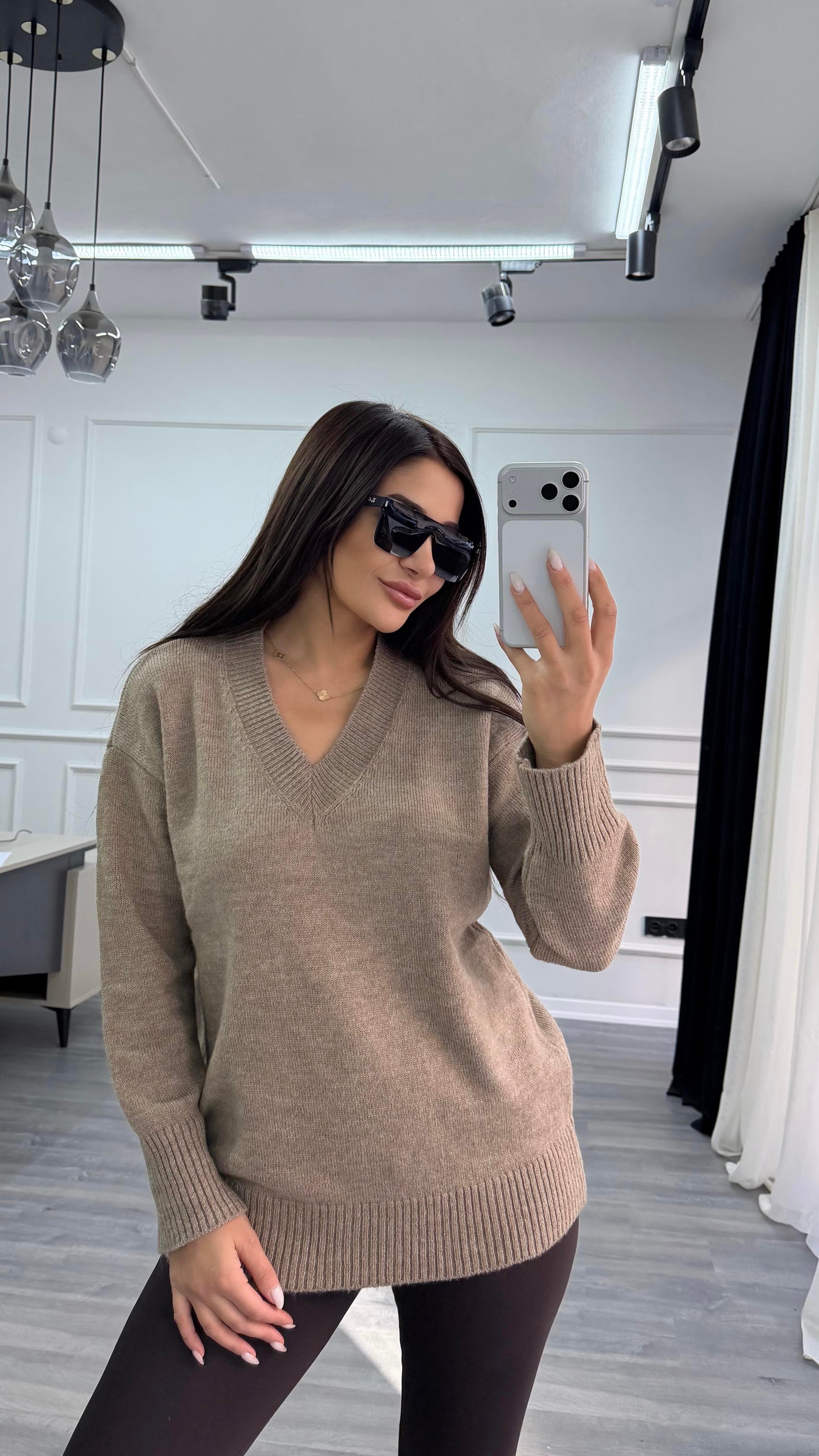 Camel V Yaka Standart Beden Oversize Basic Triko Kazak