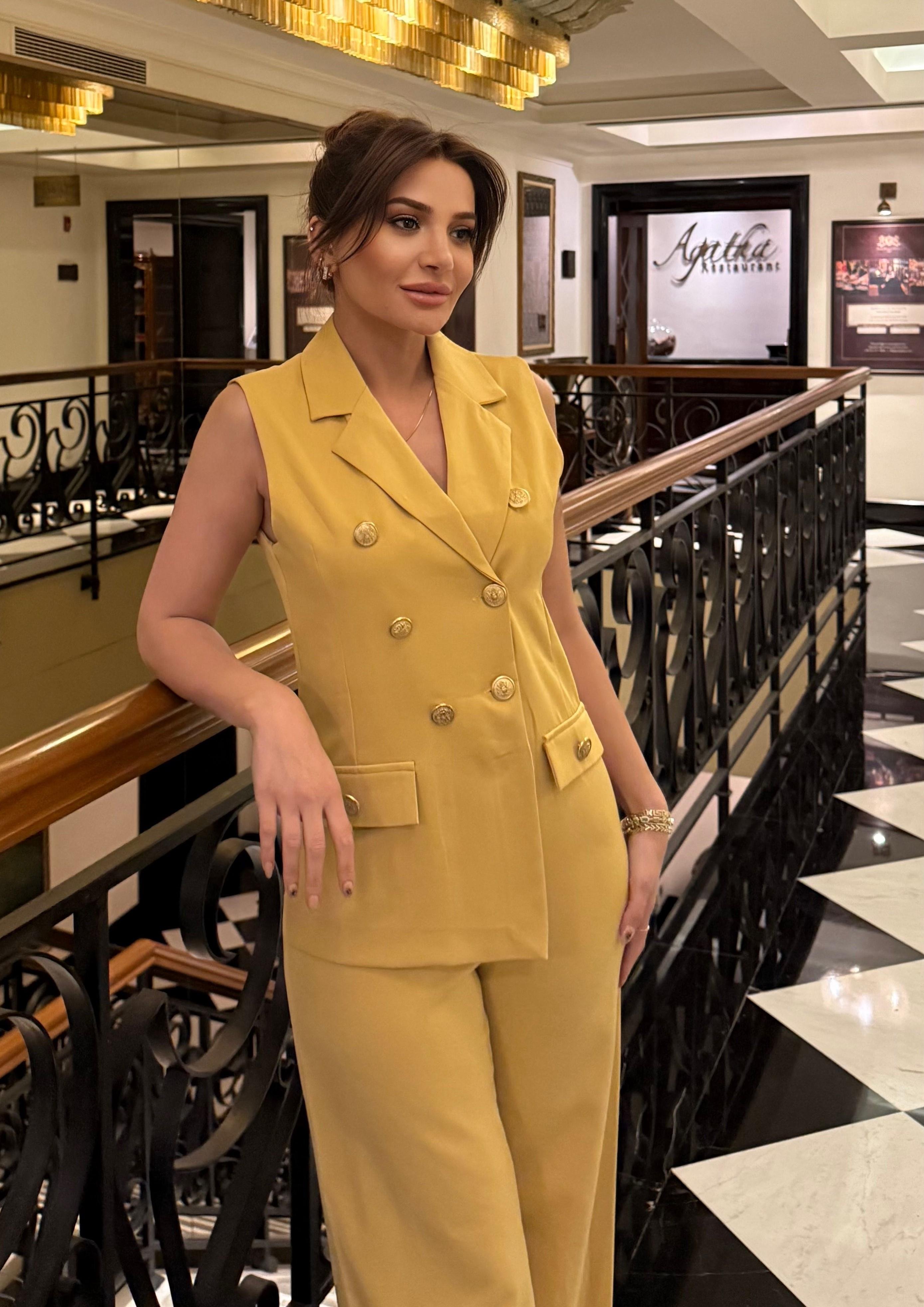 Ceket Yaka  Gold Düğmeli Tasarım Tulum -Hardal