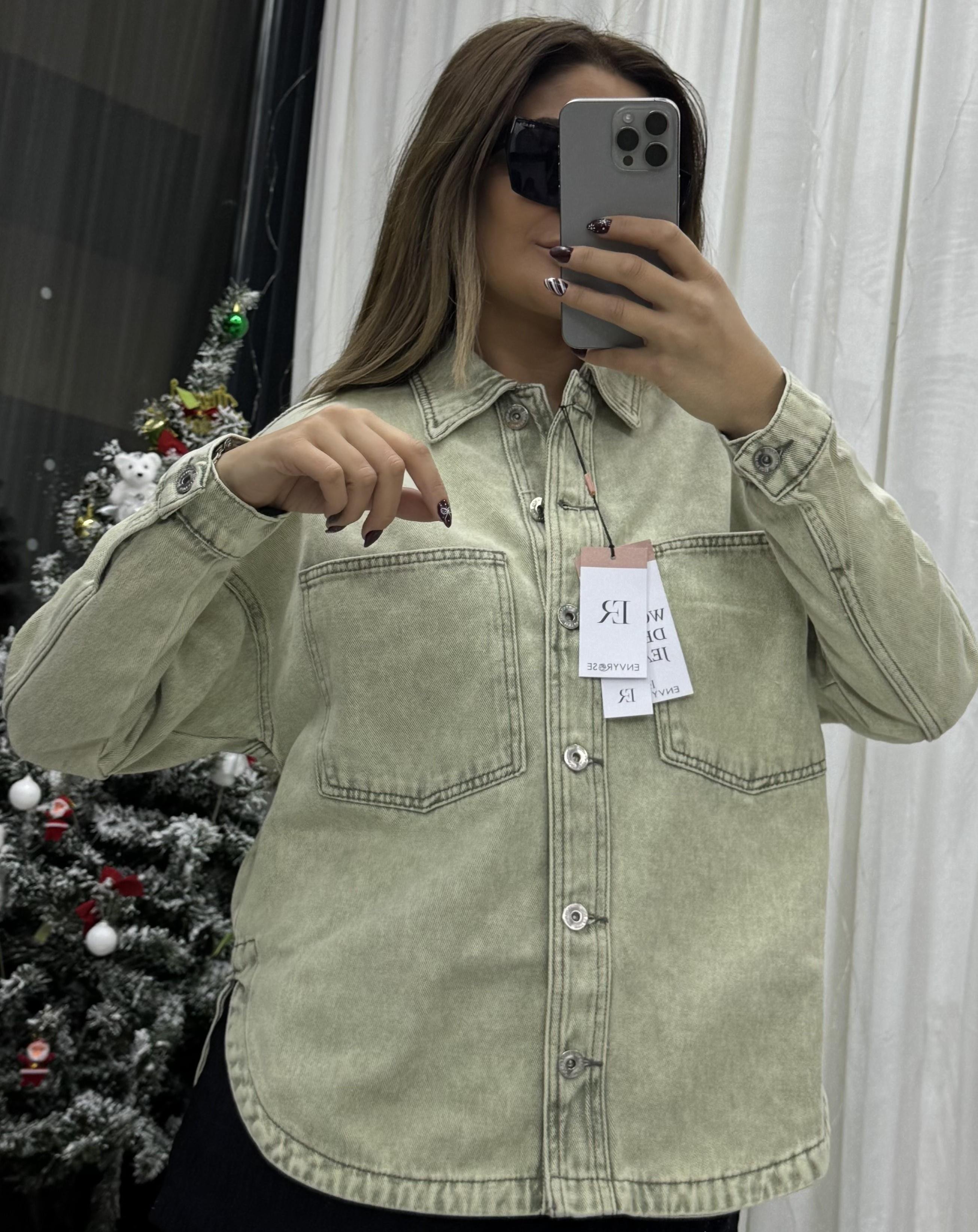 Cepli Yırtmaç Detaylı Oversize Denim Ceket-Yeşil